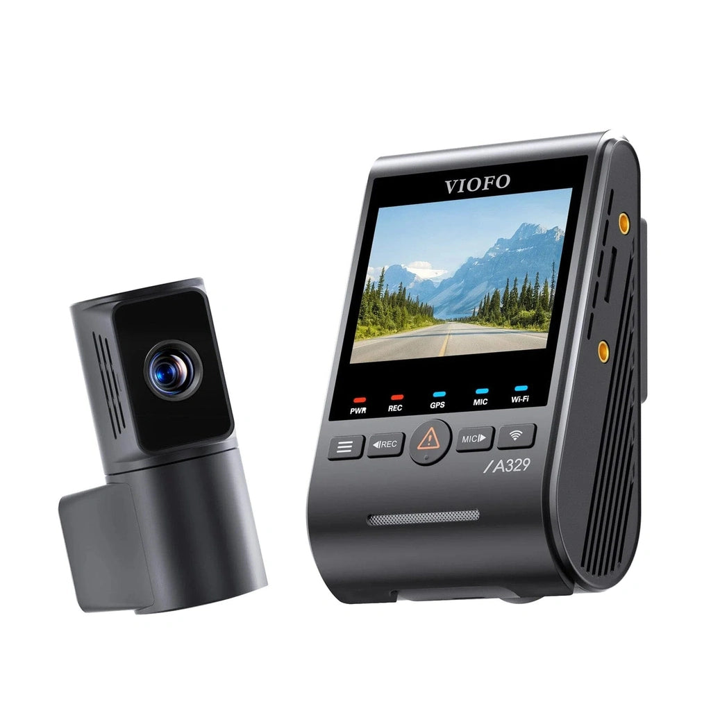 Two VIOFO dashcams, one with a screen and the other separate.