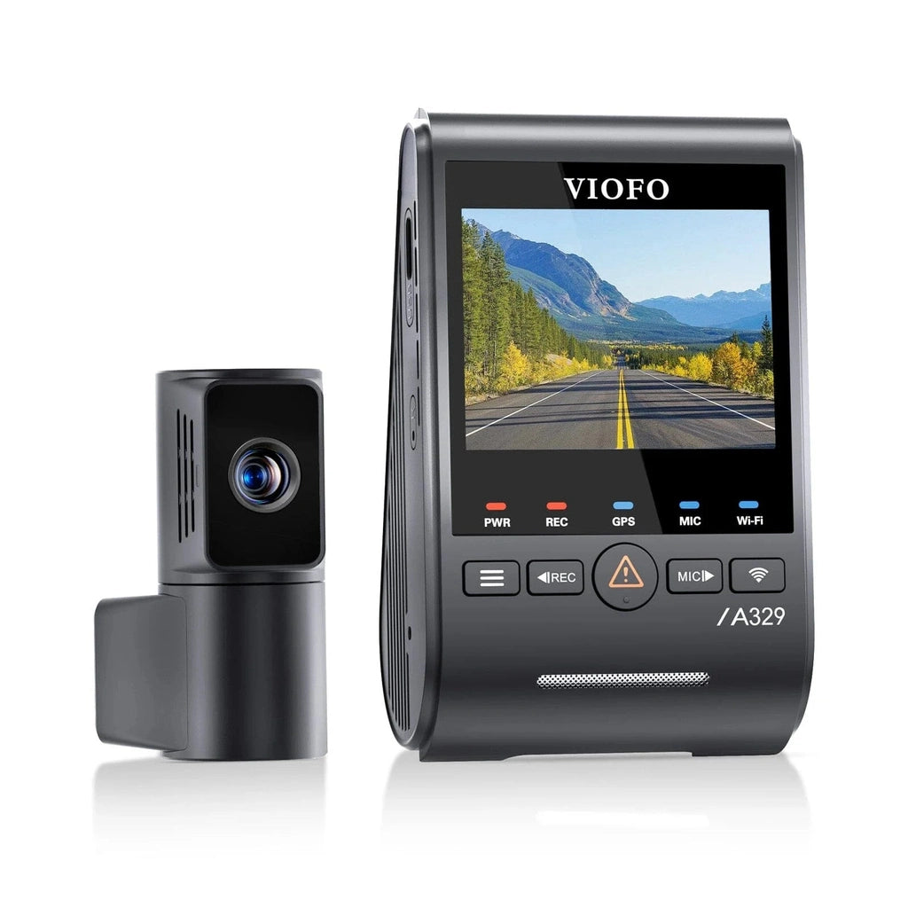 Two VIOFO dashcams: a main unit with screen and a smaller front-facing camera.