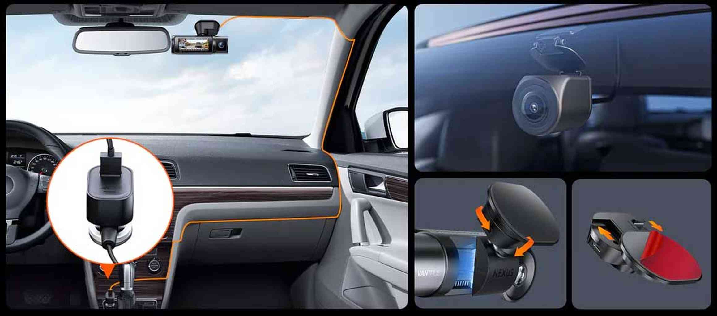 Autodashboard met dashcam, achteruitkijkspiegel, oplader en houders.