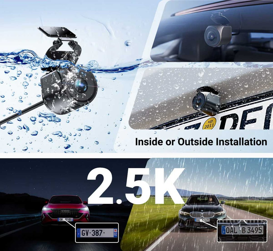 Autocamera onder water, in een auto en op een kentekenplaat.