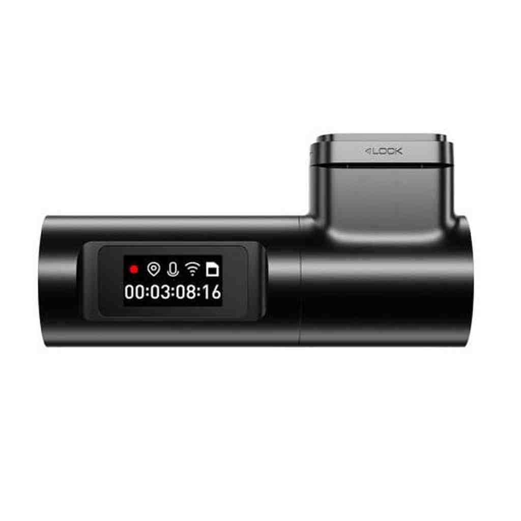 Zwarte dashcam recorder met klein scherm dat tijd en iconen toont.