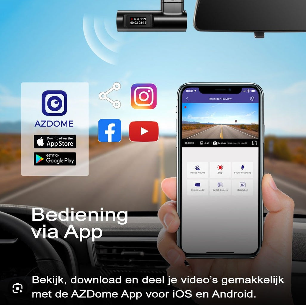 AZDome App: Dashcam bediening, social media iconen, hemel en weg.