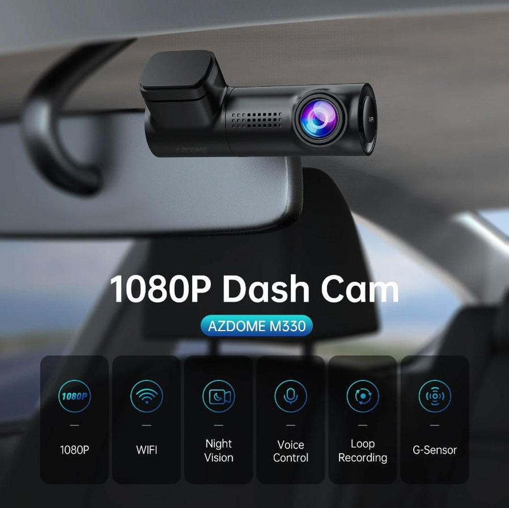 Een AZDOME M330 1080P dashcam met nachtzicht, WiFi, spraakbediening.