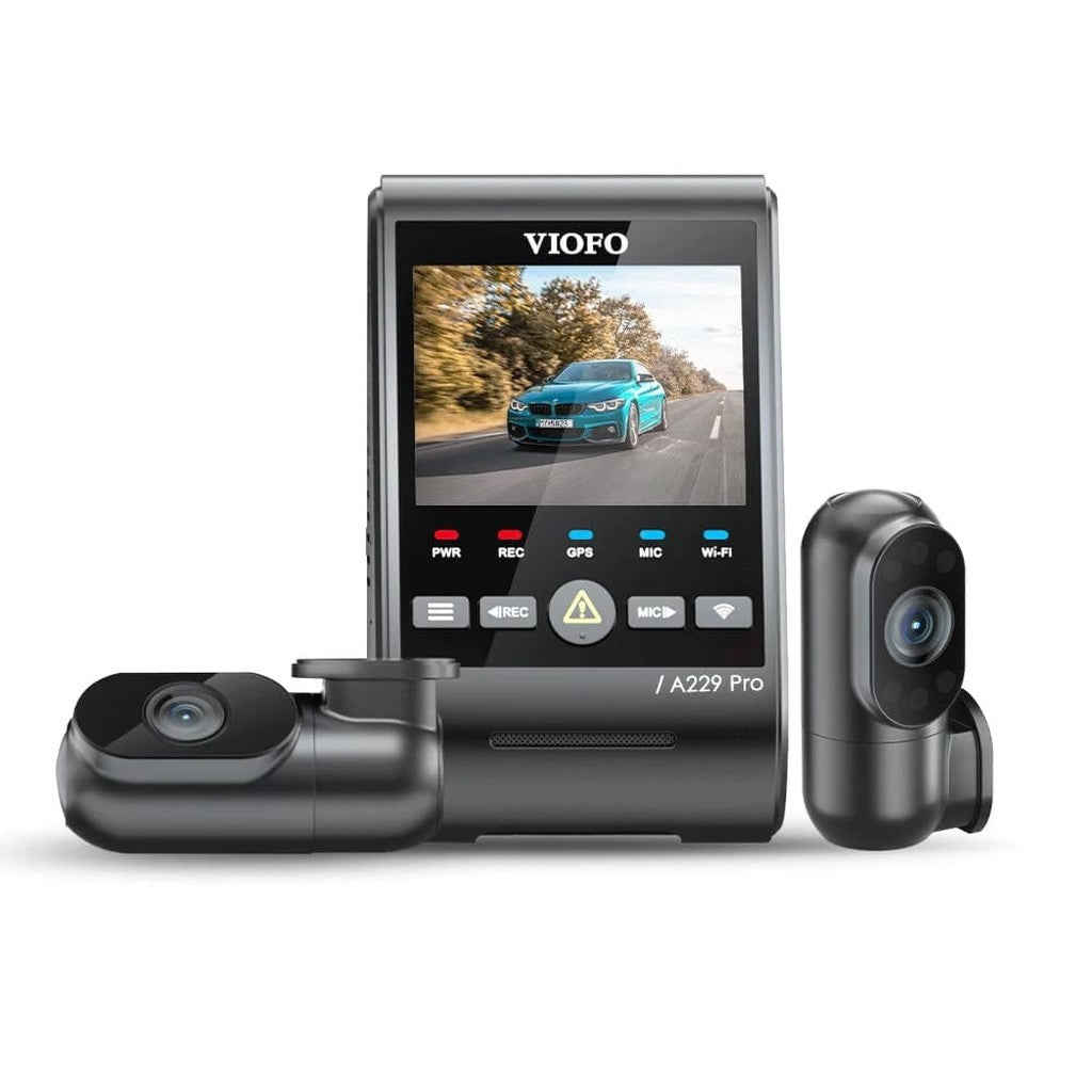 Un set di dashcam VIOFO A229 Pro con due telecamere e un'unità principale.