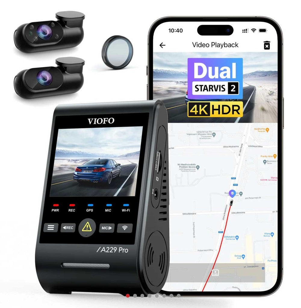Due dashcam, un filtro e uno smartphone mostrano una mappa stradale e video.