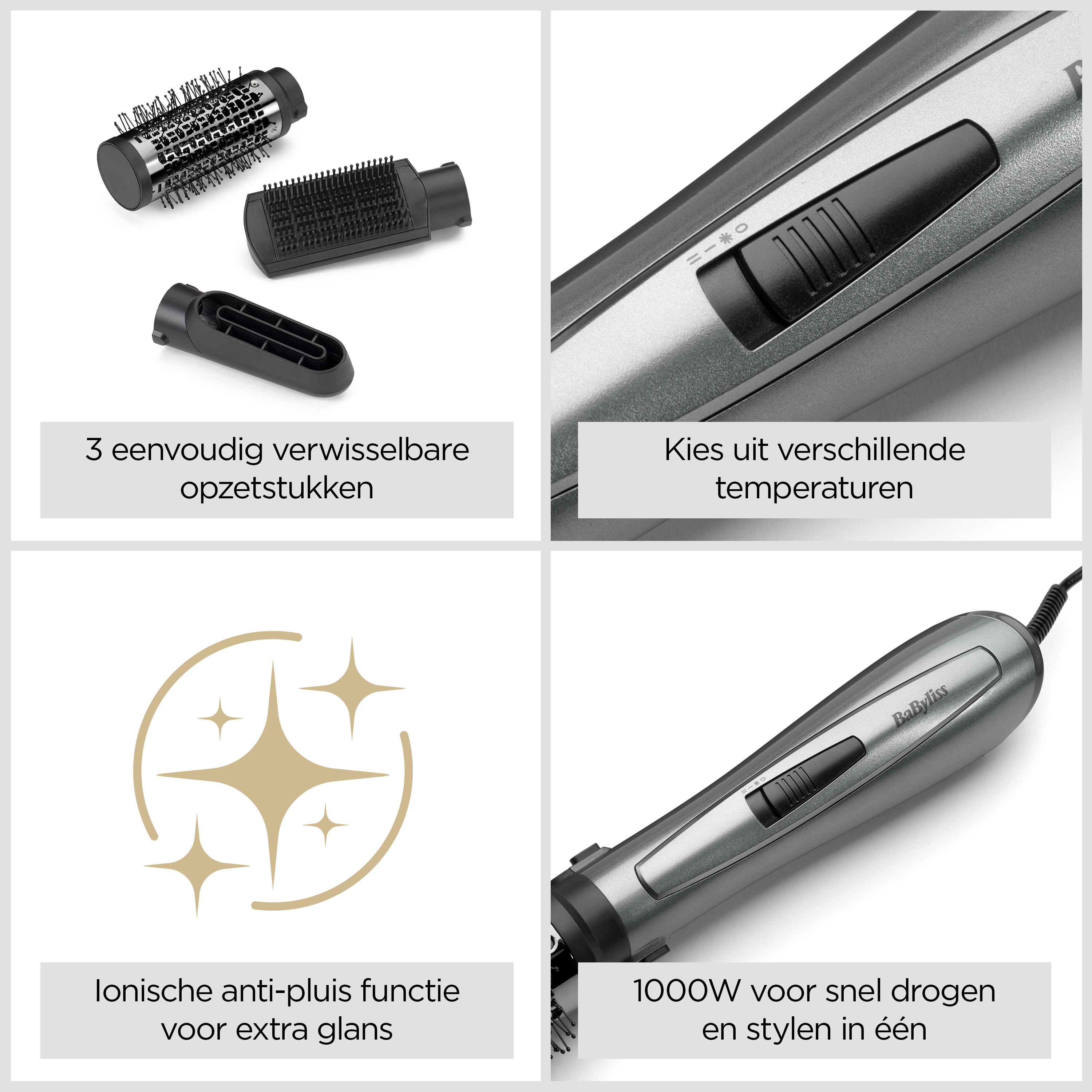 Drie verwisselbare opzetstukken, temperatuurregeling, ionische functie, 1000W.