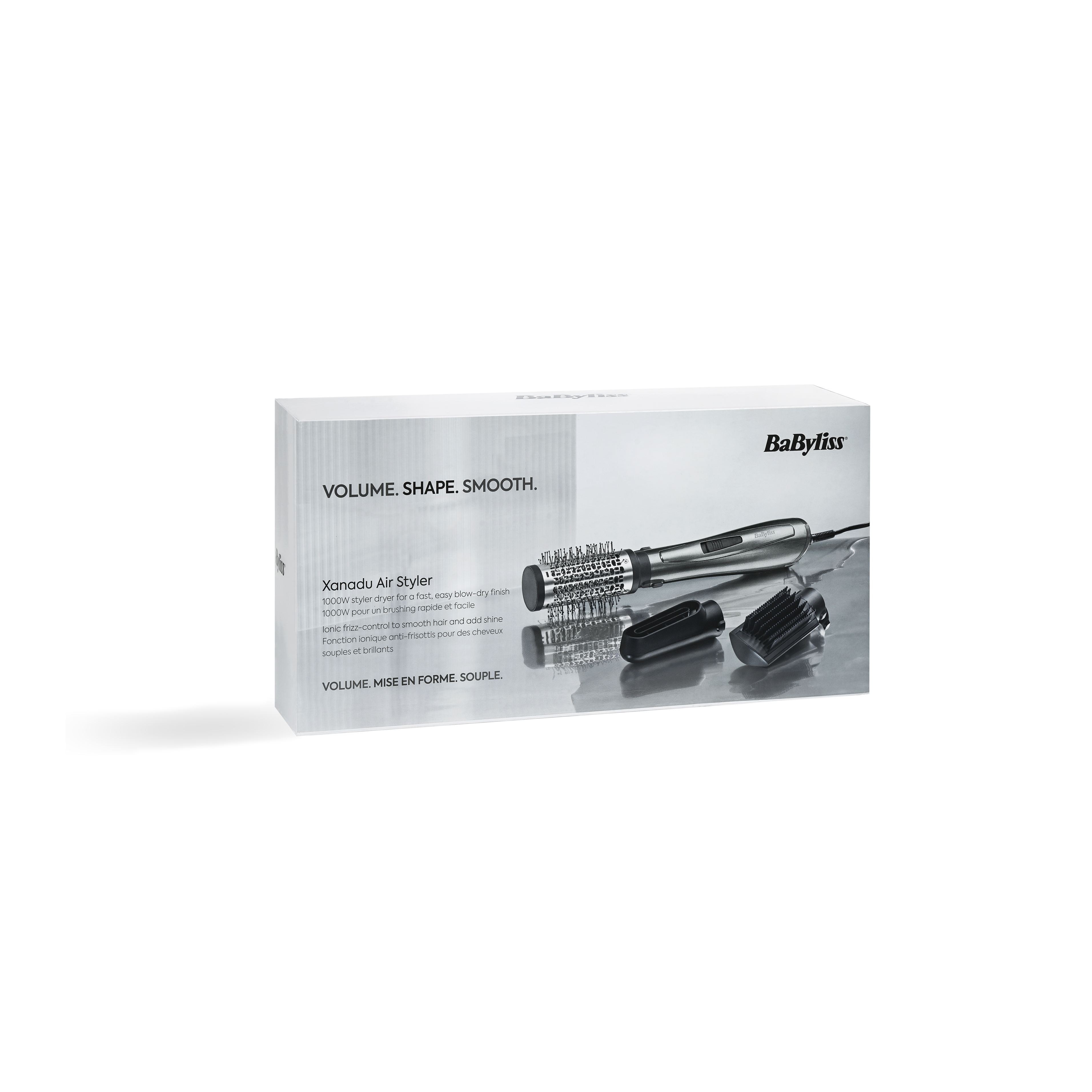 Verpakking van BaByliss air styler met accessoires. Volume, vorm, glad.