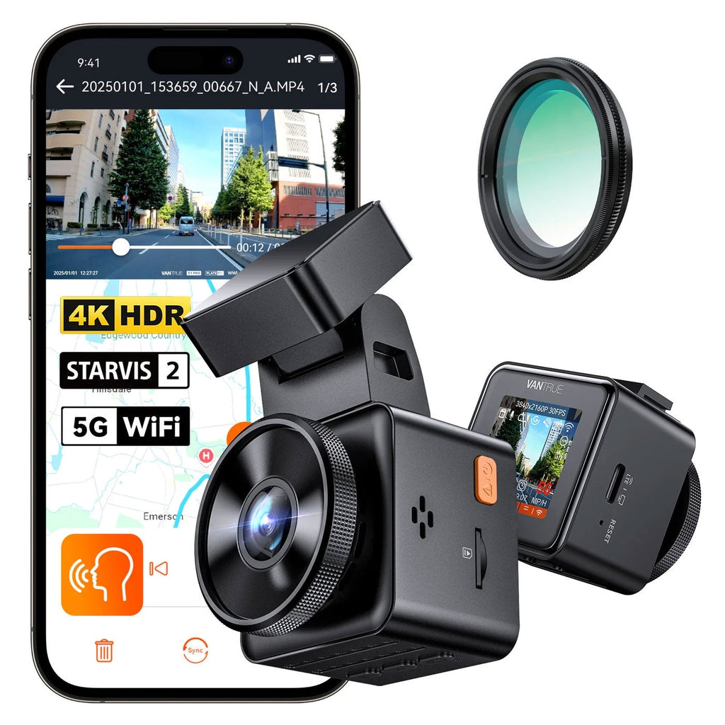 Three dashcams, a phone with app view, and a filter on a white background.