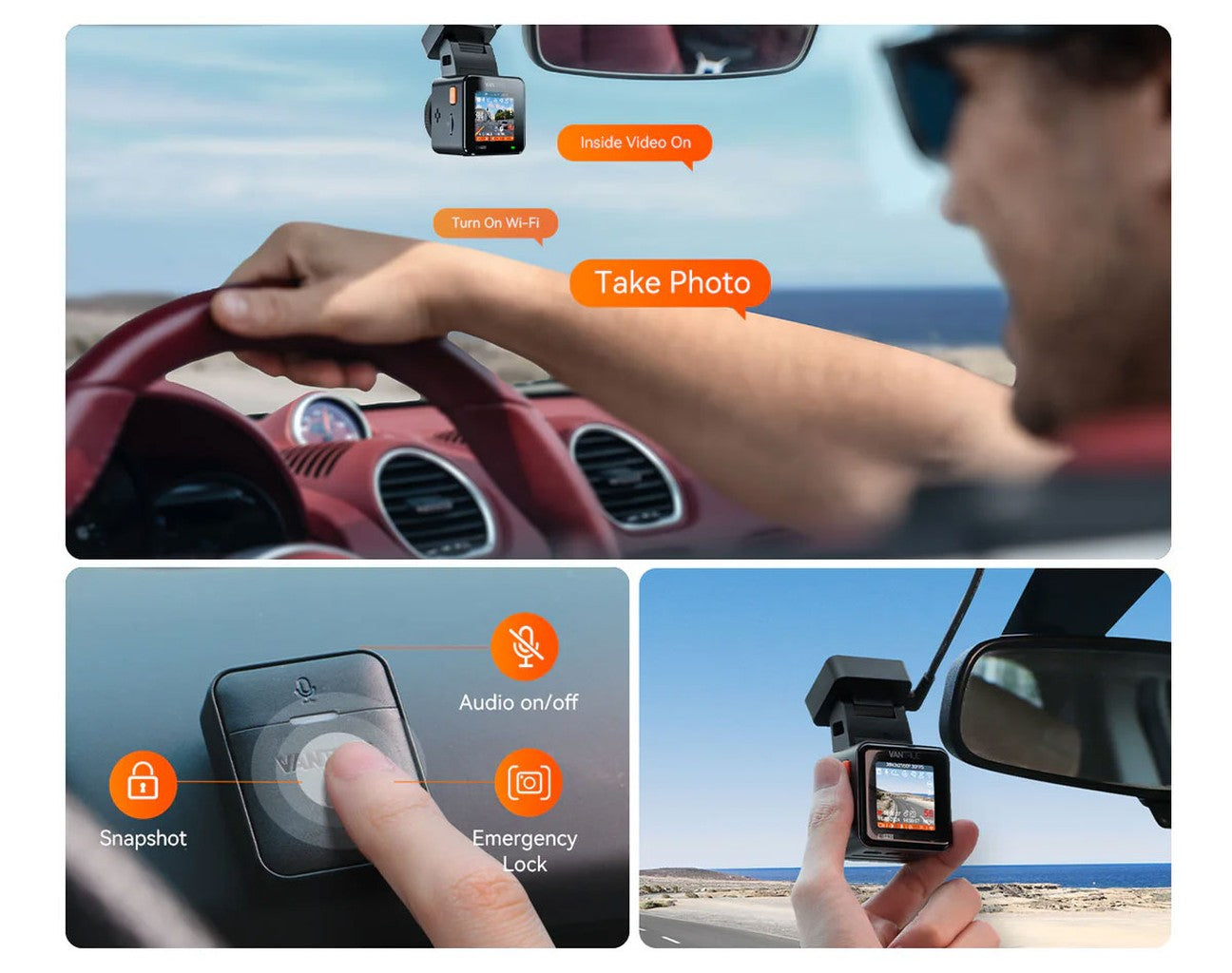Dashboard with dashcam, remote, and hand. Functions shown.