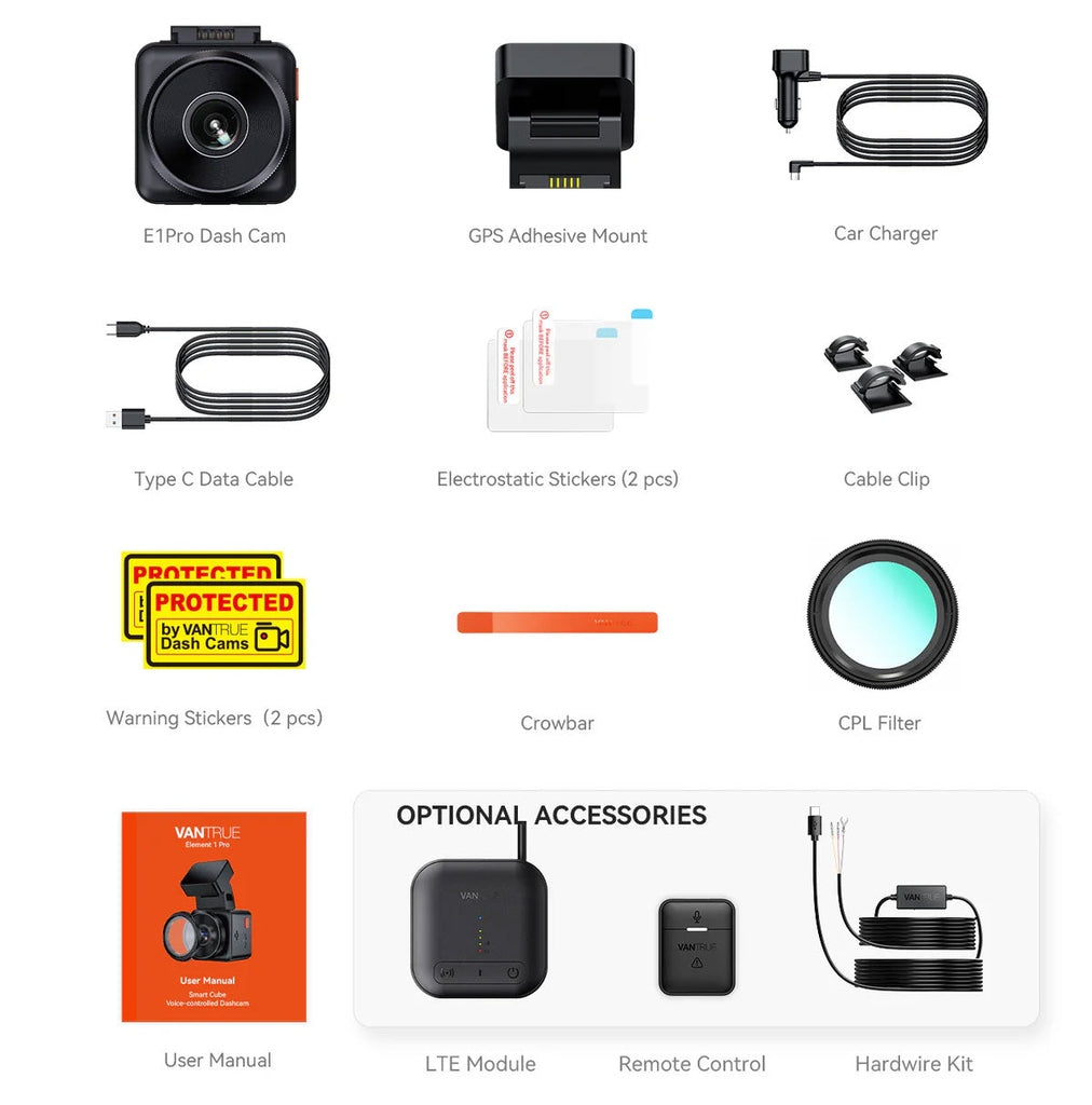Dashcam accessories overview: camera, mount, charger, cables, stickers, crowbar, filter.