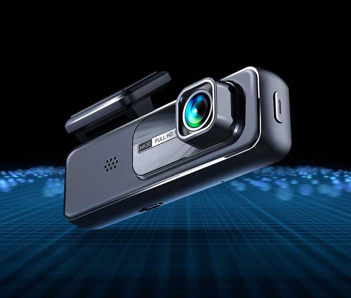 Een zwarte dashcam met "HK30 FULL HD" op een blauw raster.