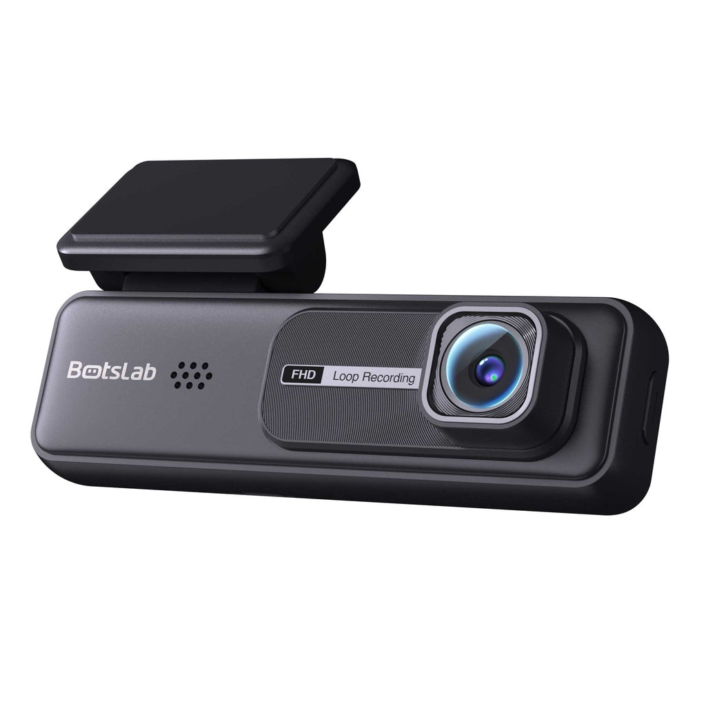 Een zwarte dashcam voor auto's met lens en antenne. FHD Loop Recording.
