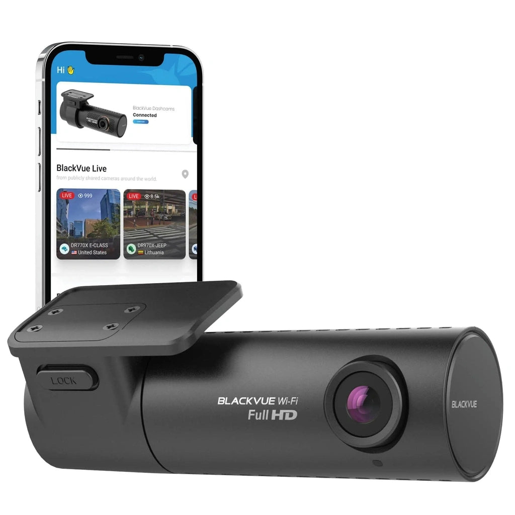 Een zwarte BlackVue Wi-Fi Full HD dashcam naast een smartphone.