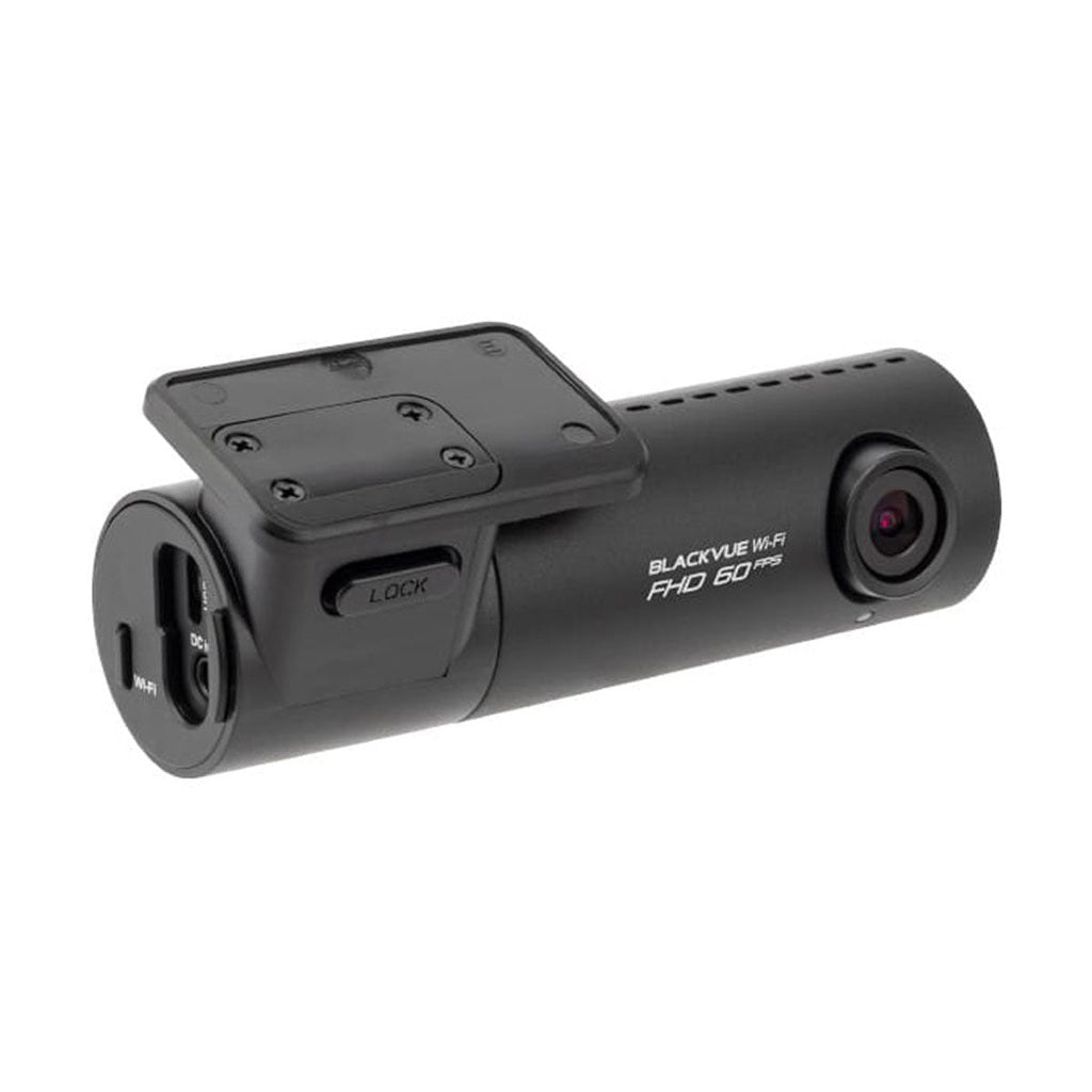 Zwarte Blackvue Wi-Fi FHD 60fps dashcam met houder en "LOCK" knop.