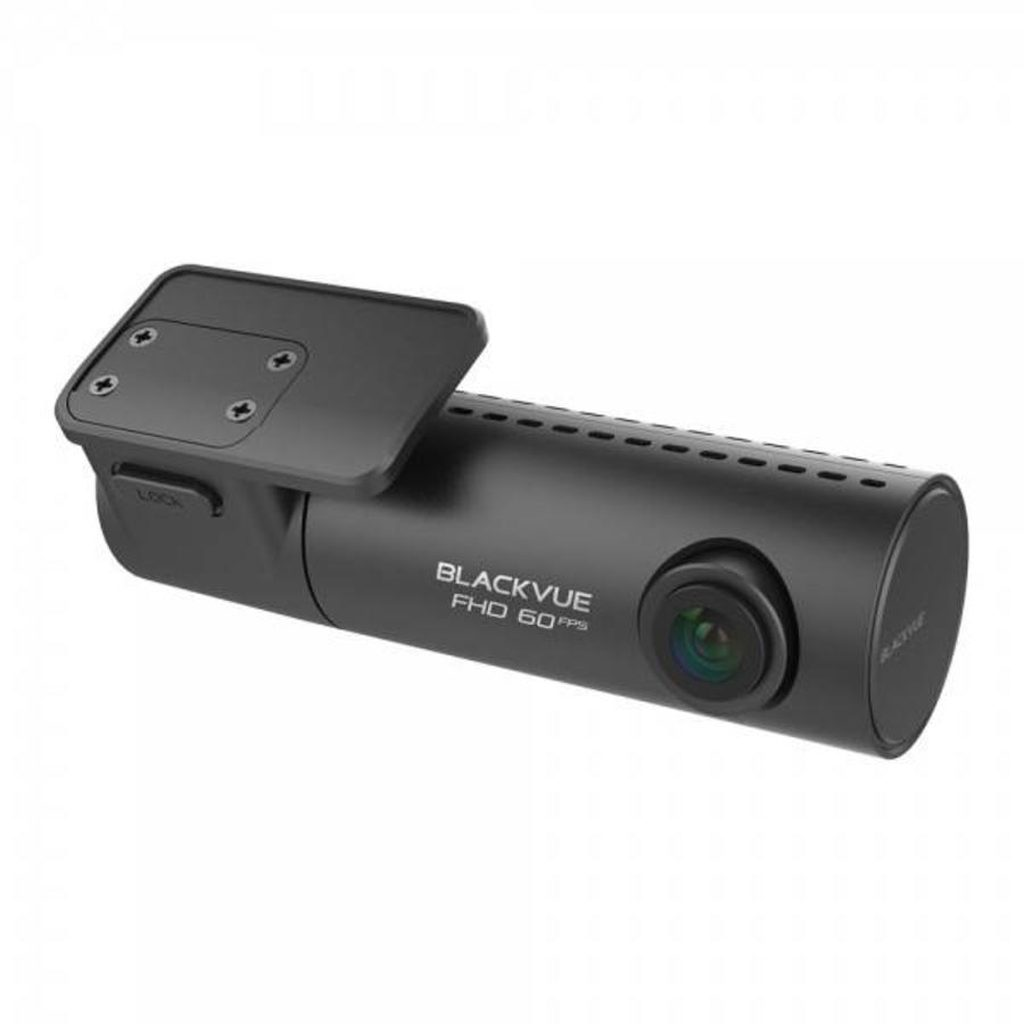 Zwarte Blackvue dashcam met FHD 60FPS tekst en lens.