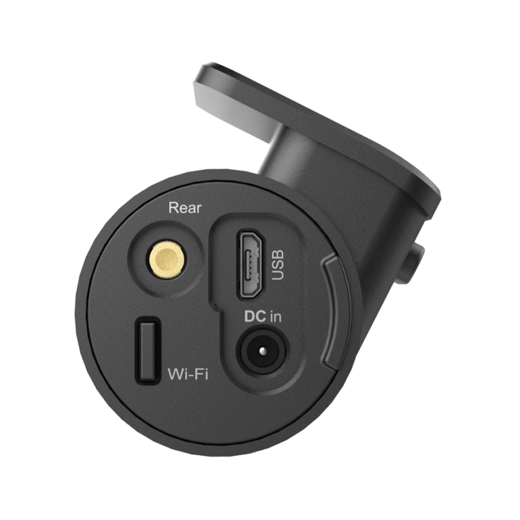 Achterkant van een zwarte dashcam met poorten: Achter, USB, DC in, Wi-Fi.