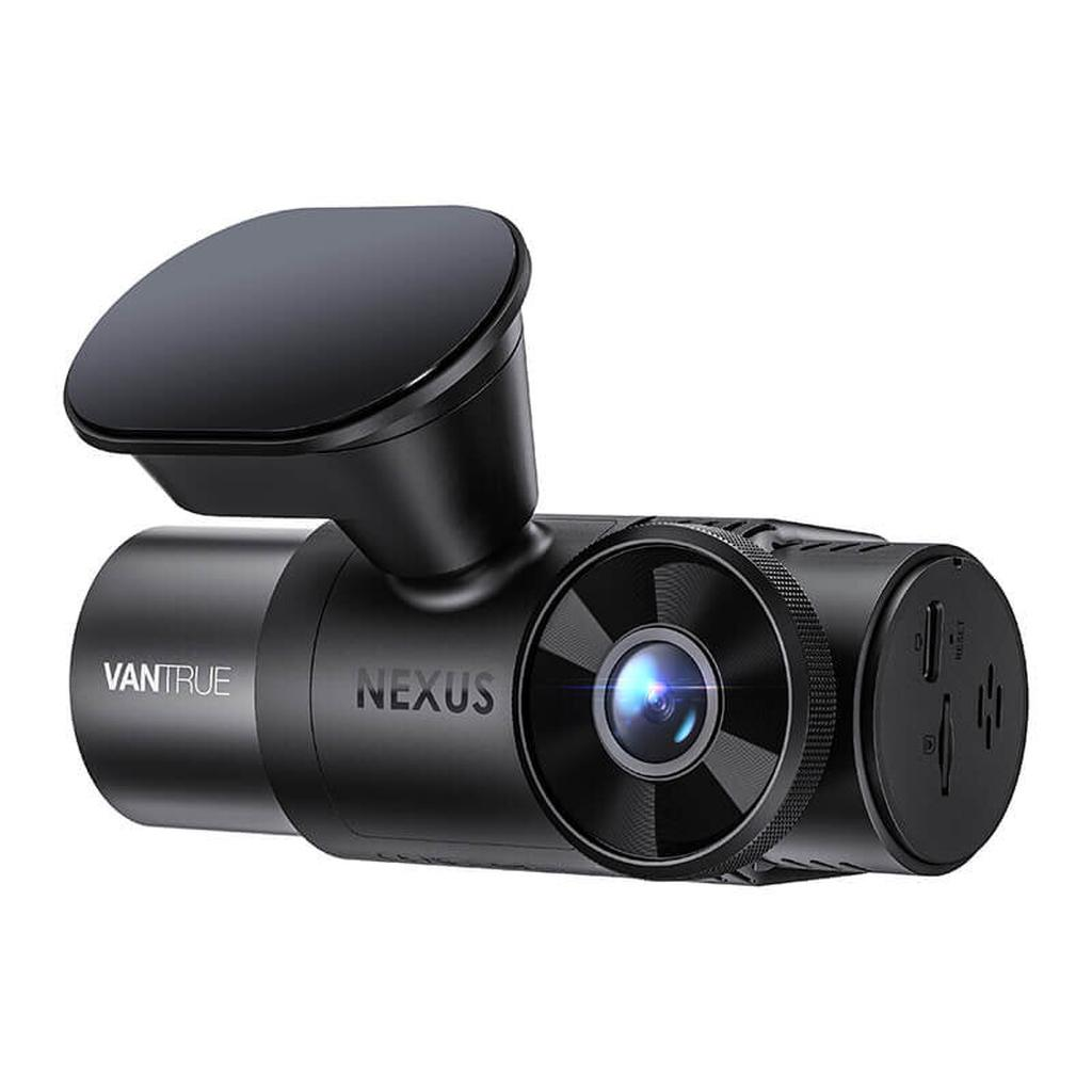 A black Vantrue Nexus dashcam with lens and ports.
