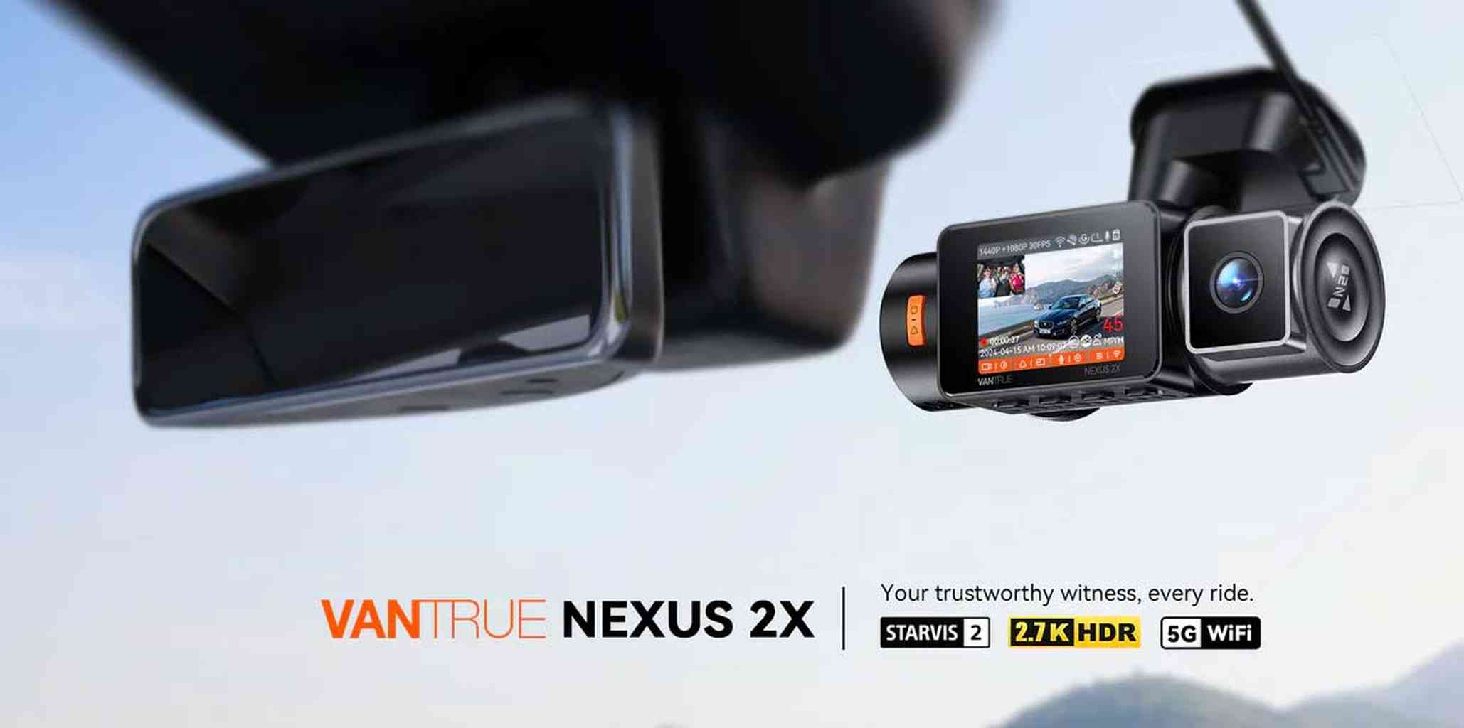Dashboard camera with display and car's rearview mirror.