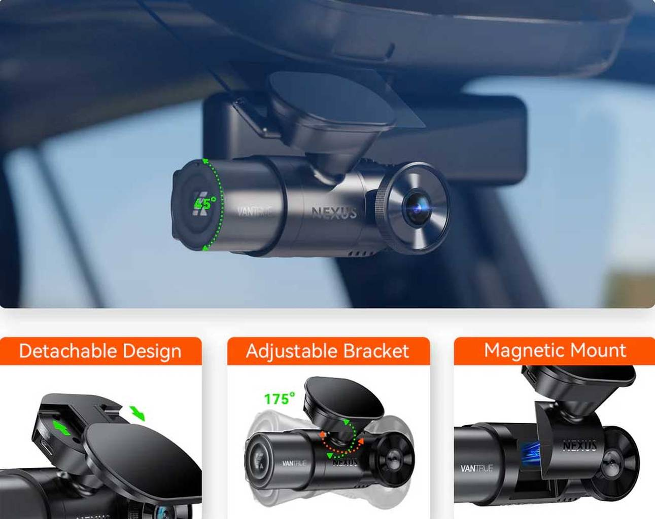 Dashcam with adjustable angle and magnetic mount, showing detachable design.