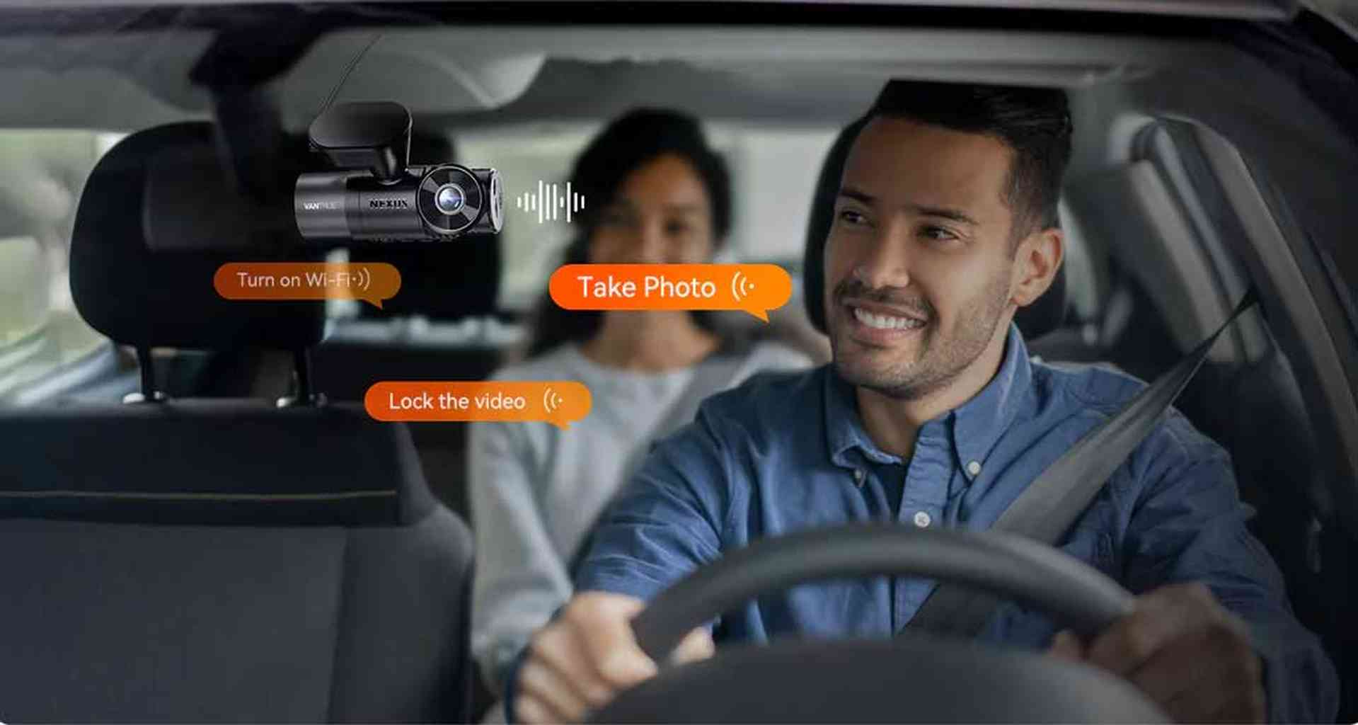 A man drives a car, a dashcam is mounted, speech bubbles show commands.