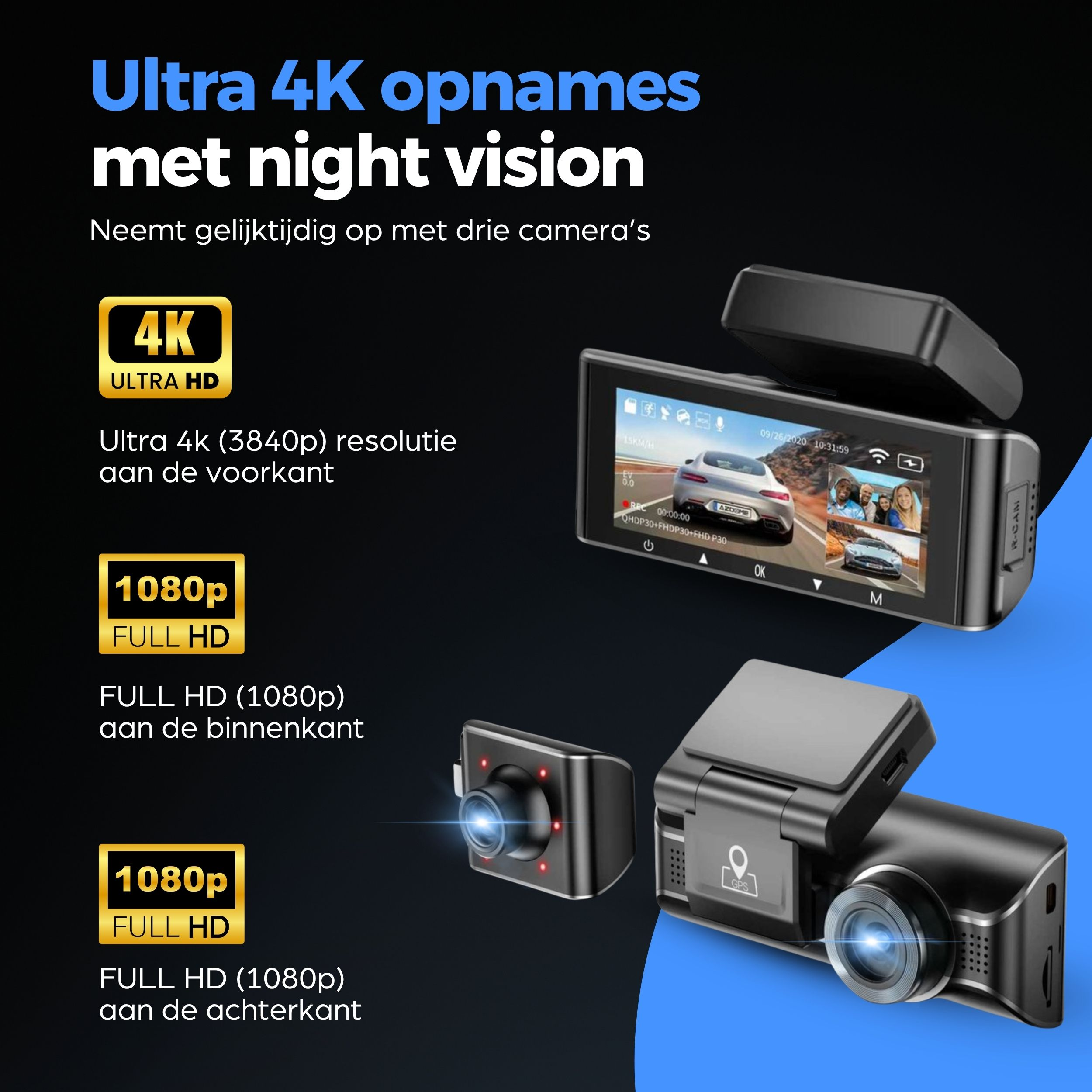 Triple dashcam: 4K voor, 1080p binnen/achter. Nachtzicht.