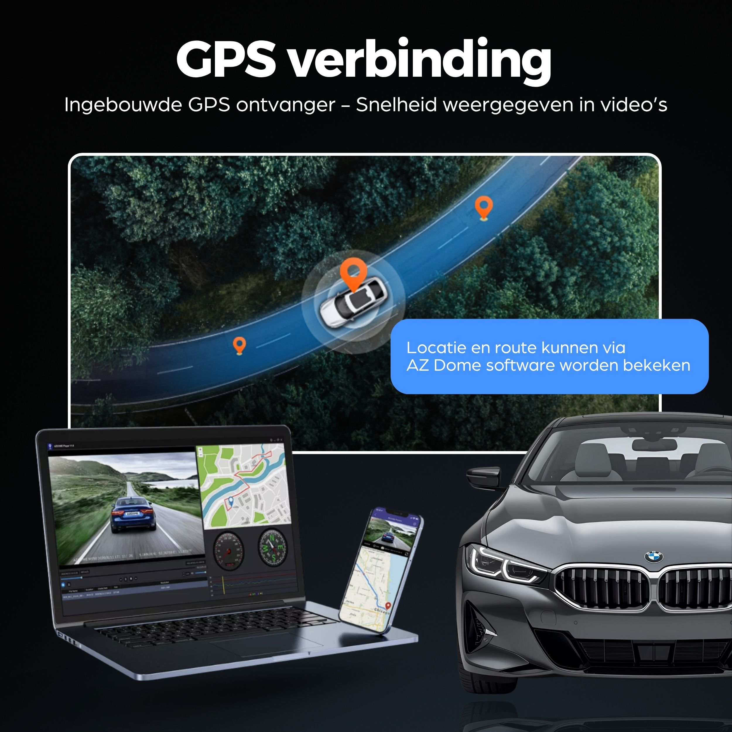Een auto met GPS-weergave op laptop, telefoon en kaart.