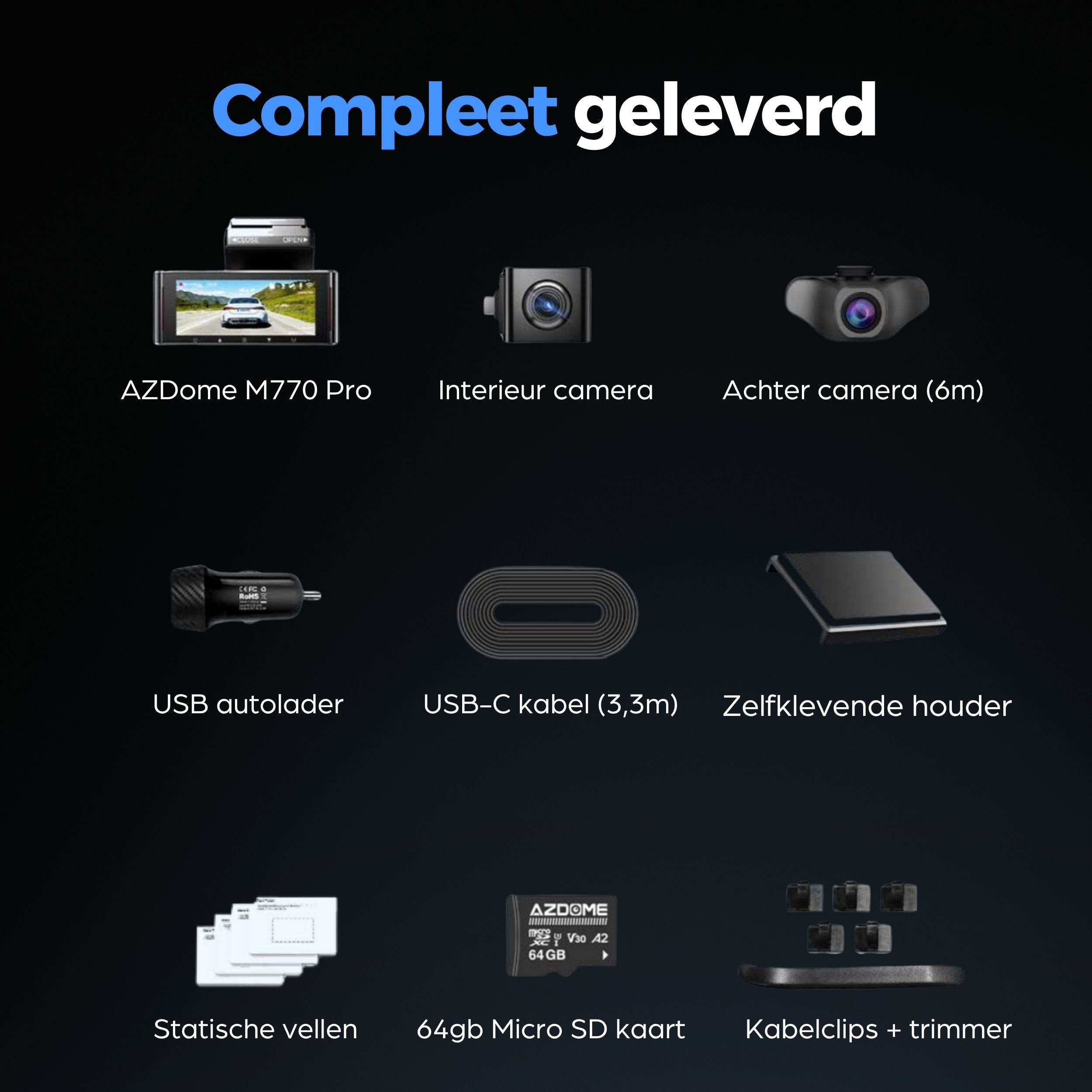 Een AZDome M770 Pro met accessoires: camera's, lader, kabel, houder, vellen, SD-kaart.