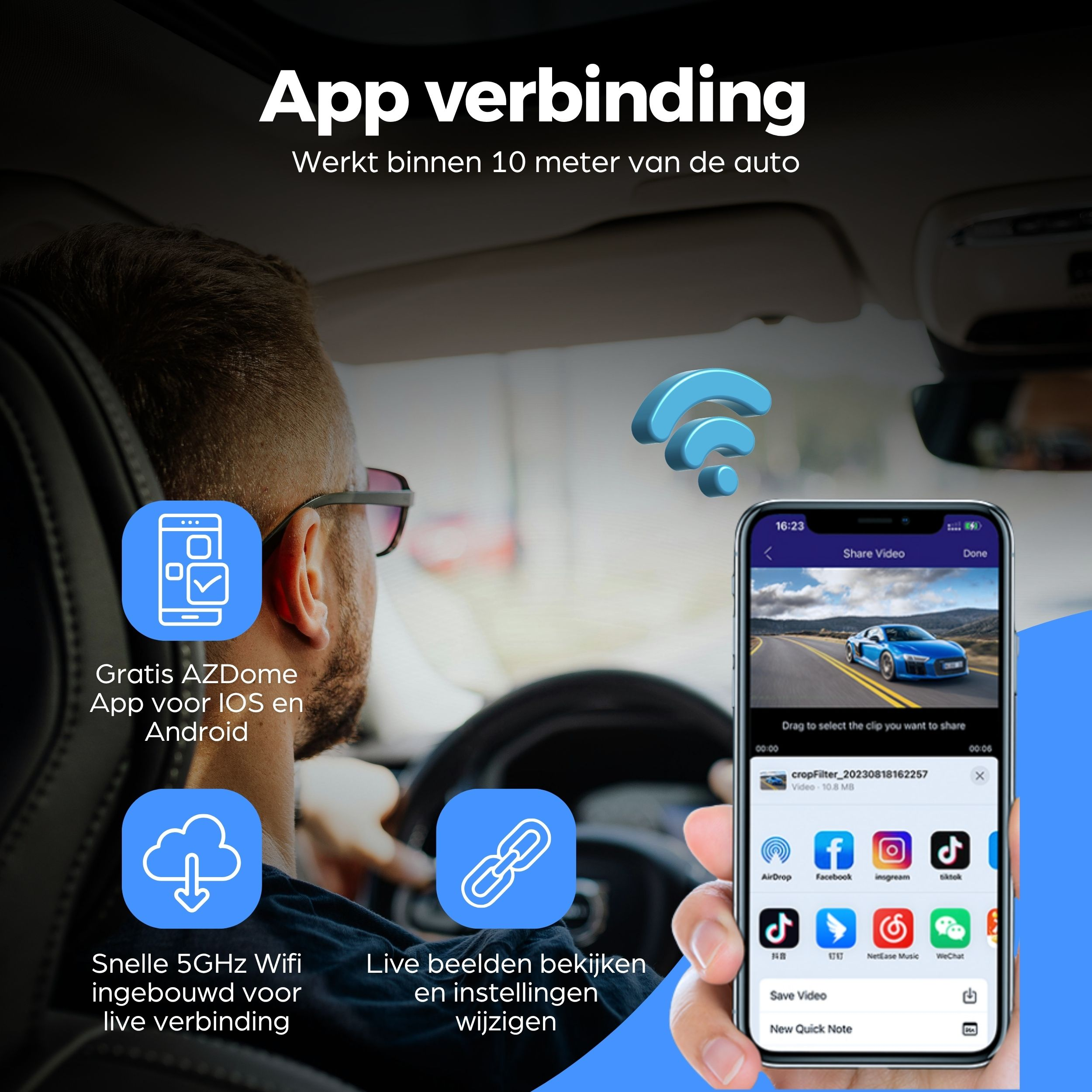 Man in auto toont smartphone met app-interface, 5G wifi-symbool.