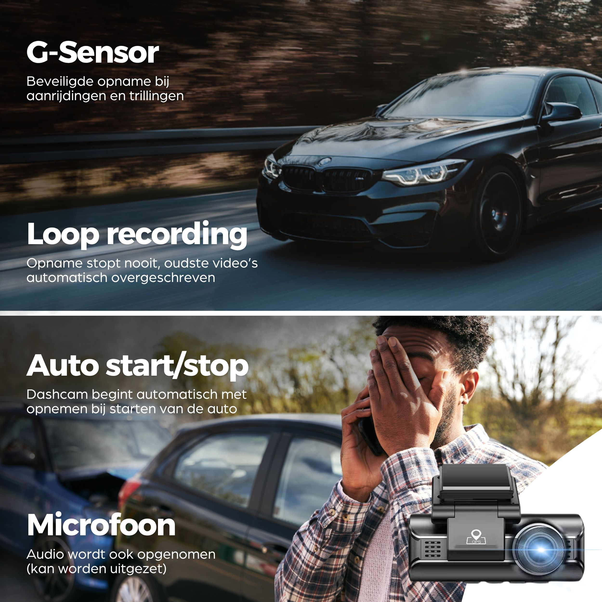 Een zwarte auto rijdt op een weg, met tekst over G-Sensor en Loop Recording.