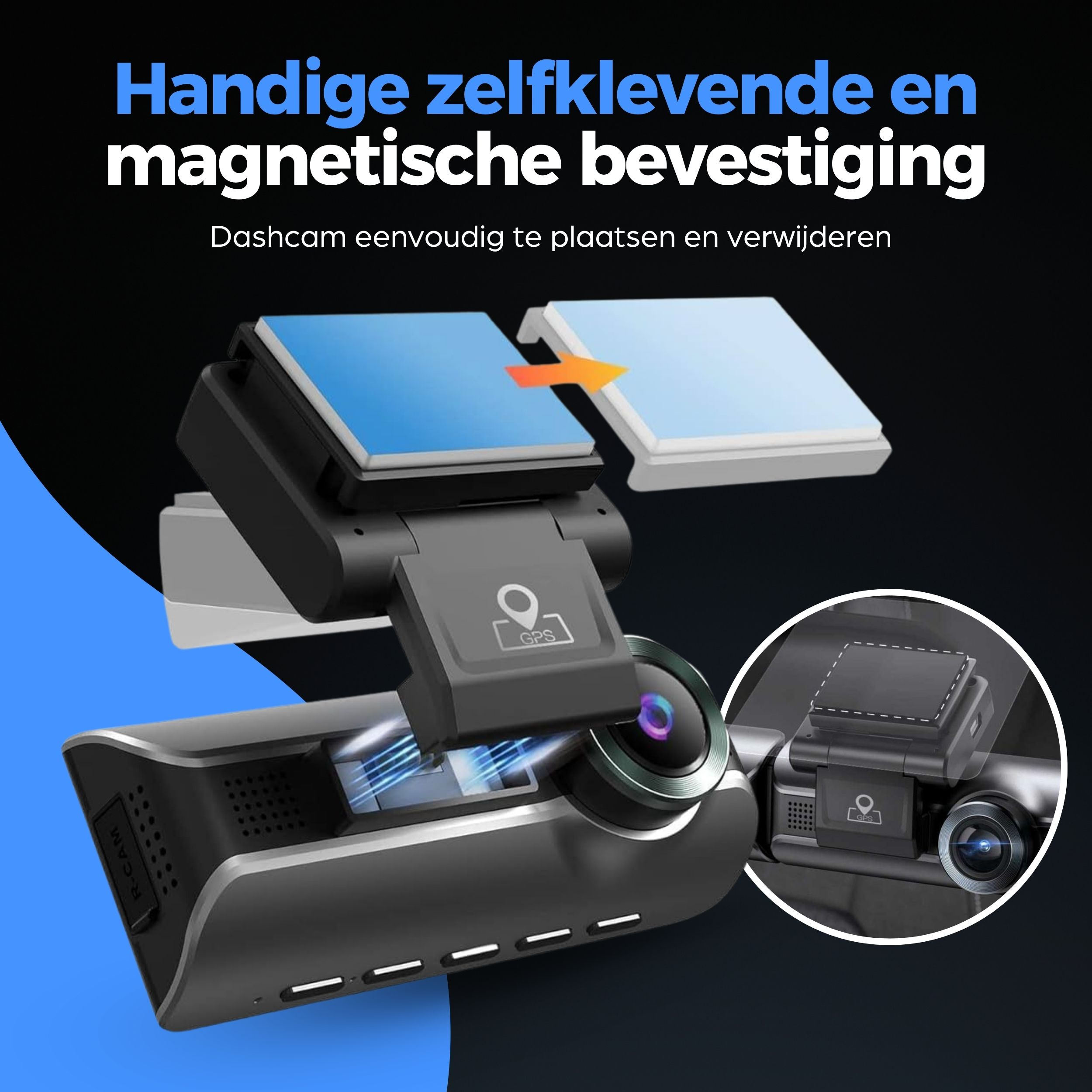 Dashcam met magnetische houder, blauw en wit, met pijl.
