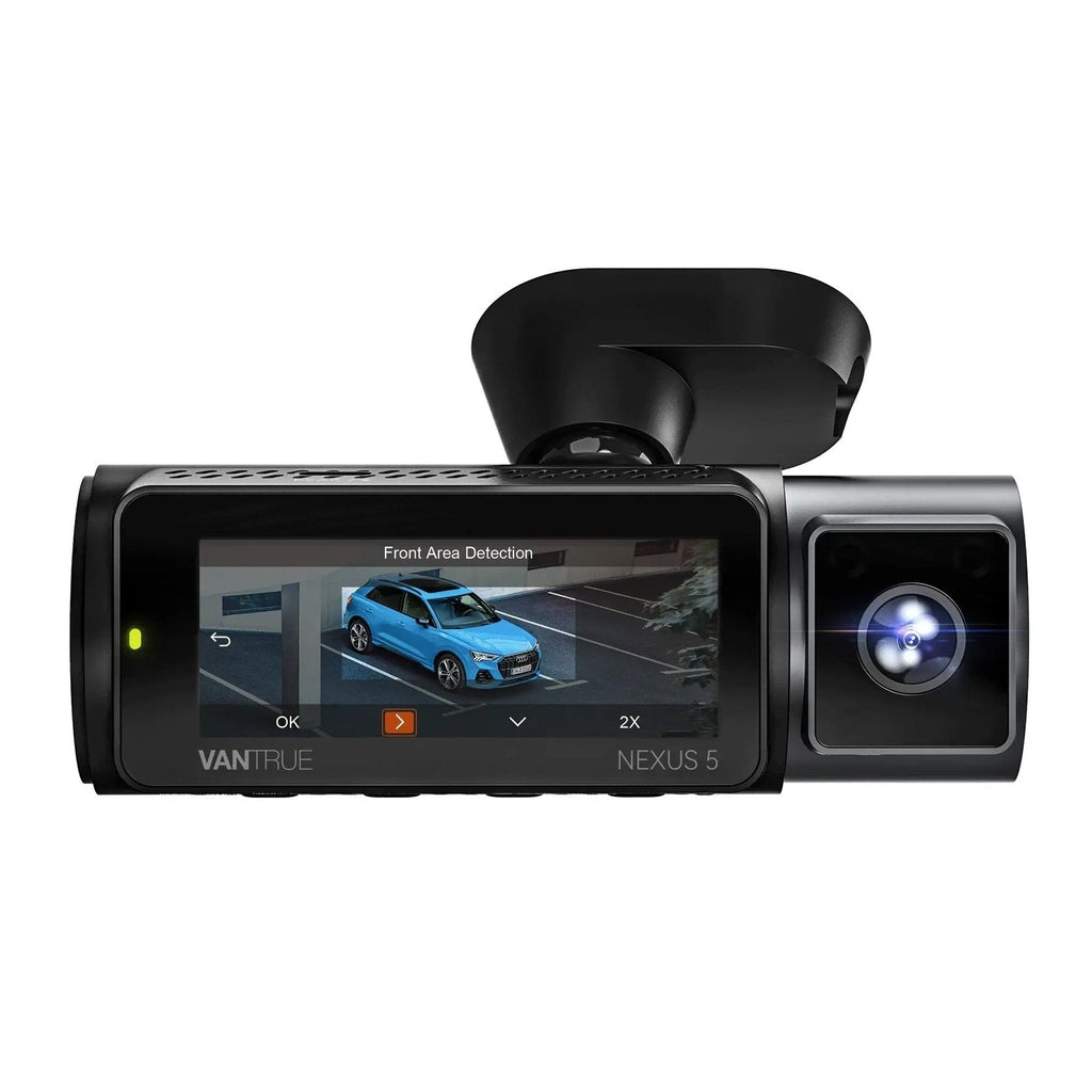 Dashboard camera with LCD screen showing a blue Audi car.
