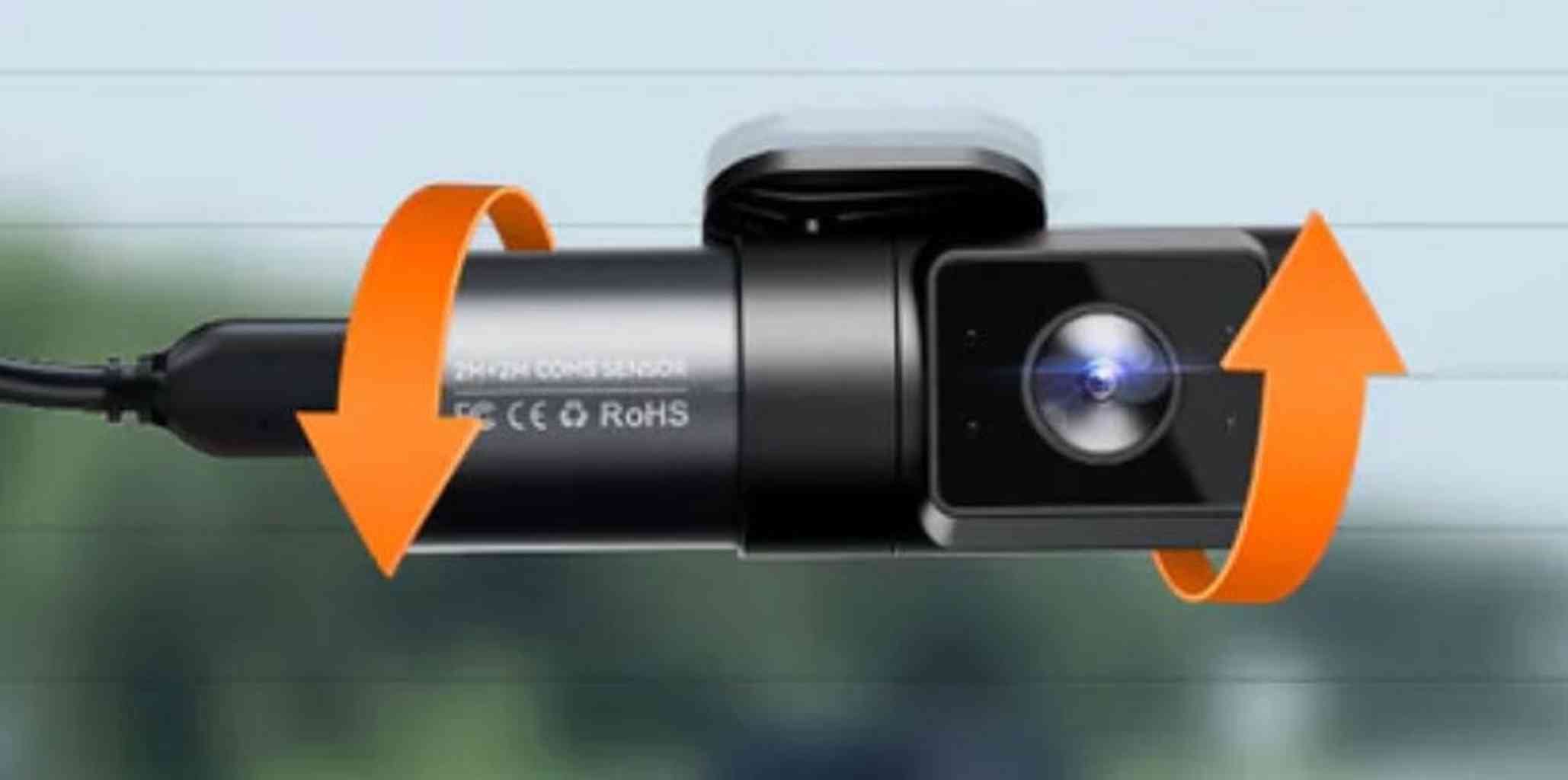 A black dashcam with orange arrows indicating rotation.