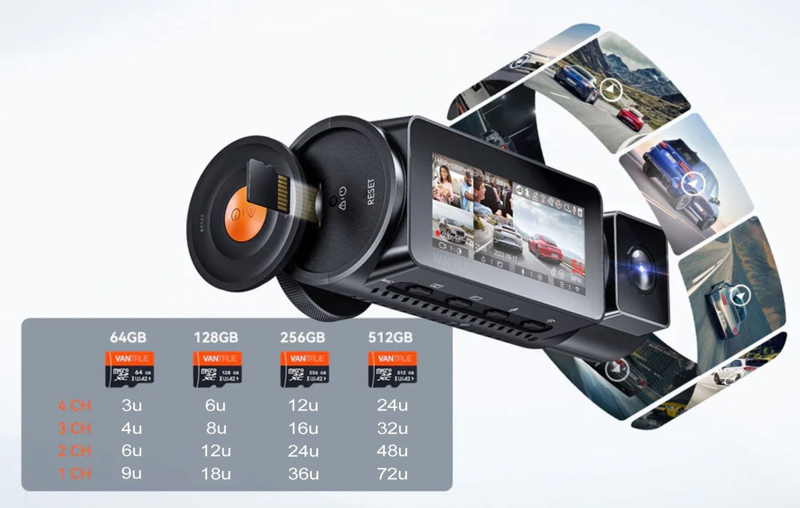 A dashcam with SD cards and video clips of cars on roads.