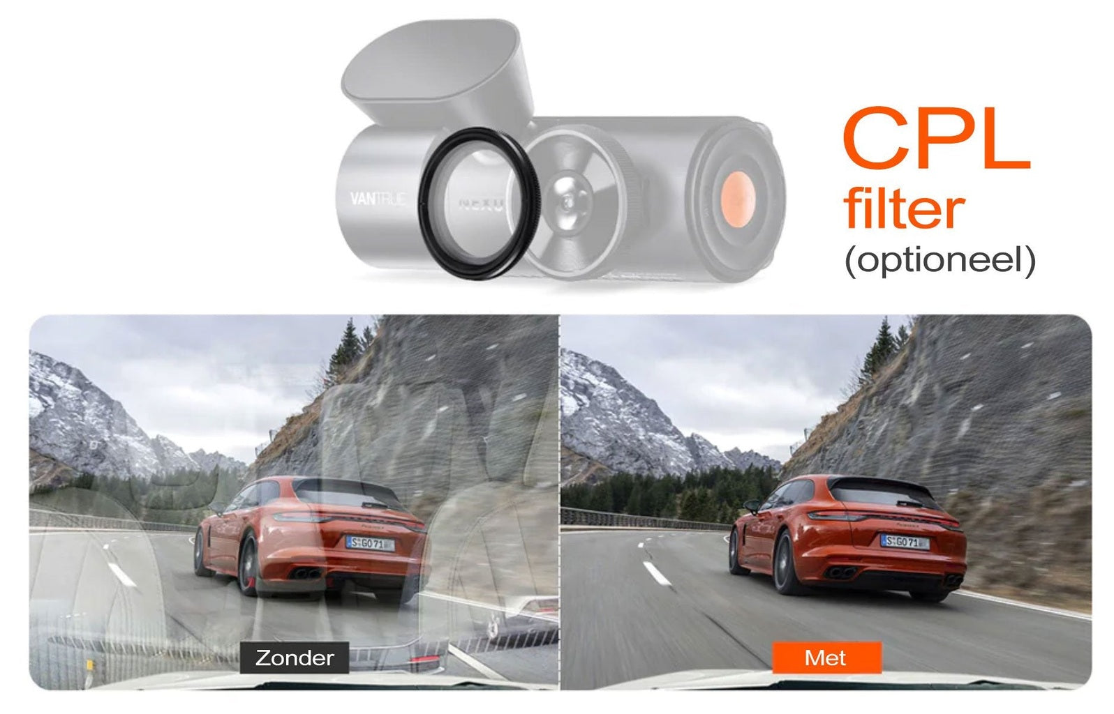 Comparison: Dashcam with and without CPL filter, showing orange car on mountain road.