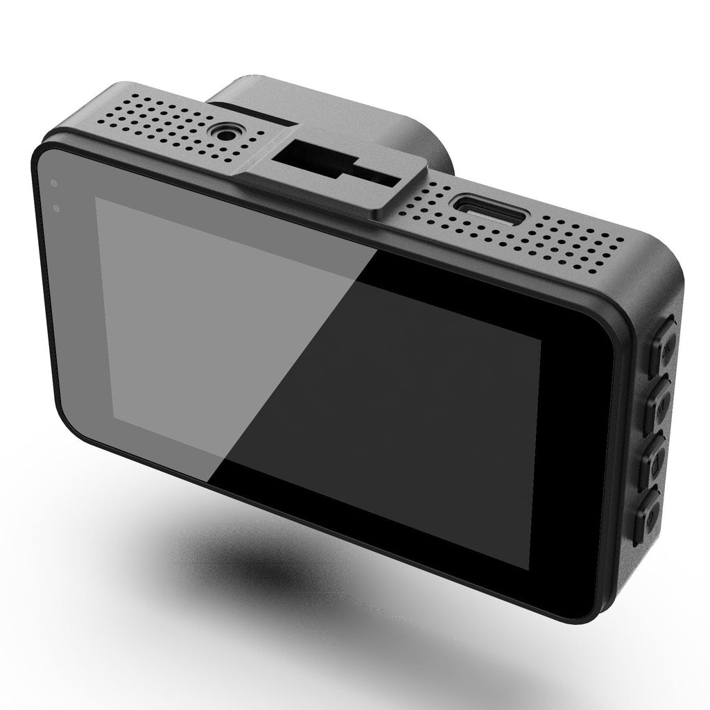 Grijze dashcam met scherm, ventilatieopeningen en knoppen.