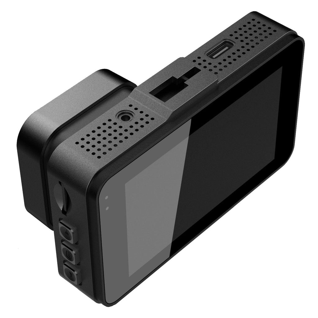 Een zwarte dashcam-recorder met scherm en lens, op witte achtergrond.