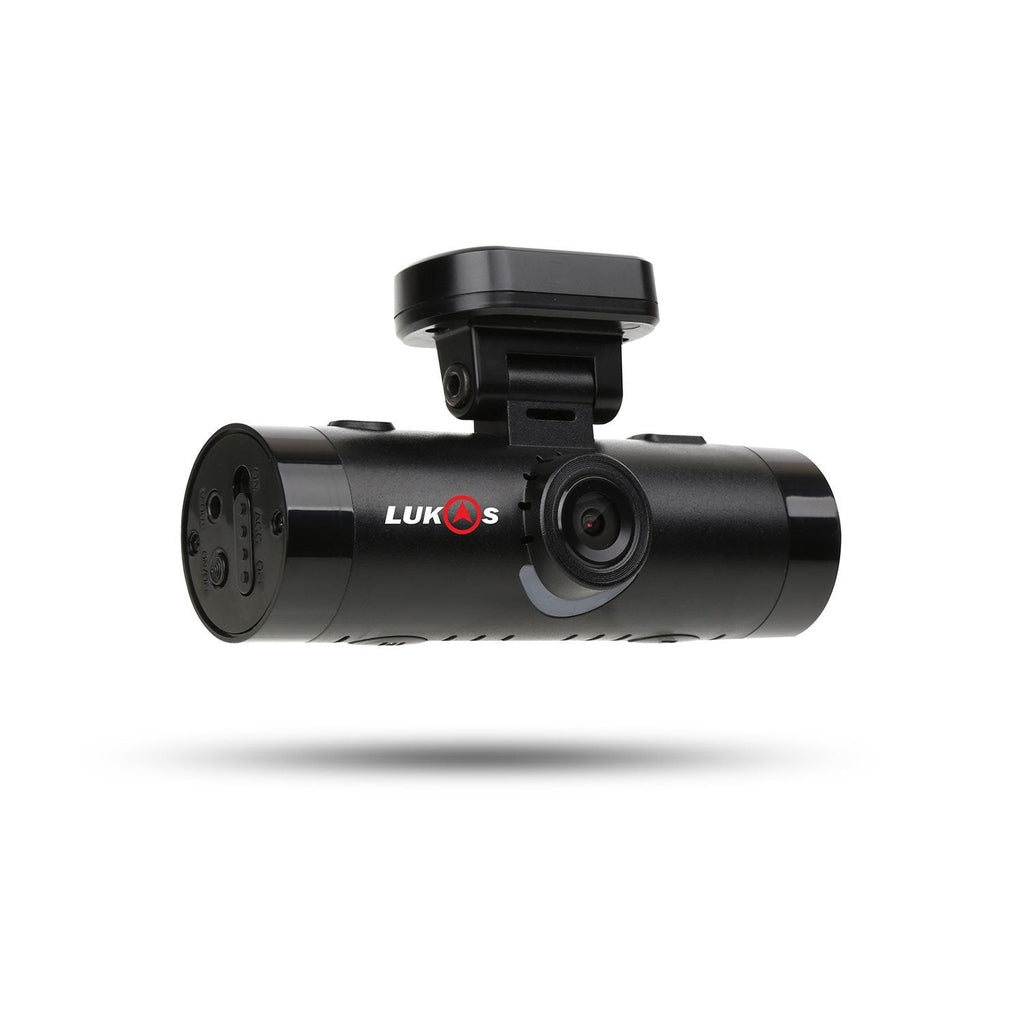 Zwarte dashcam voor auto met rood logo en lens, geïsoleerd op wit.