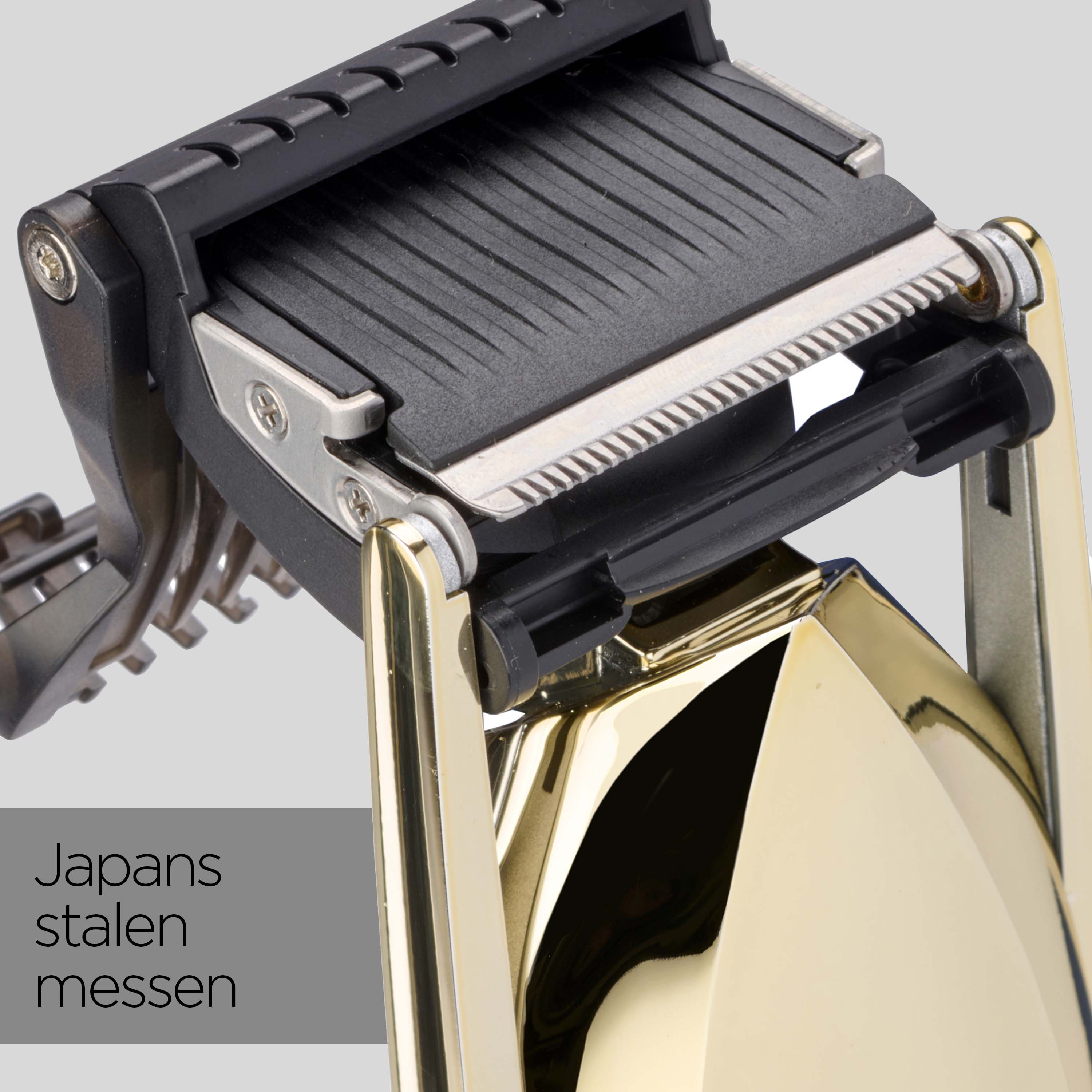 Close-up of a golden hair clipper with black blades and silver screws.
