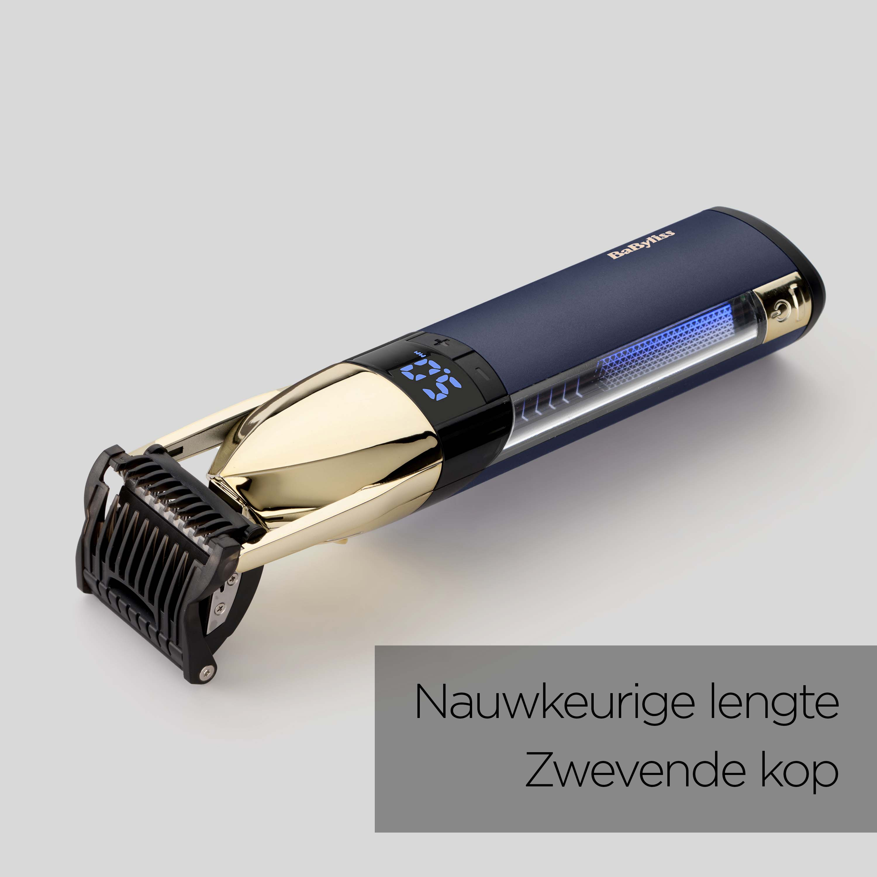 Dark blue hair clipper with gold accents, digital display, and blue light.