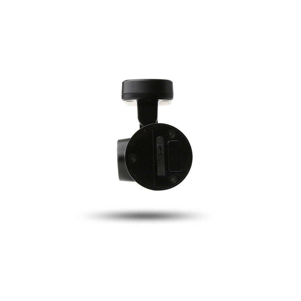 Een zwarte gimbal met MicroSD-kaartsleuf op witte achtergrond.