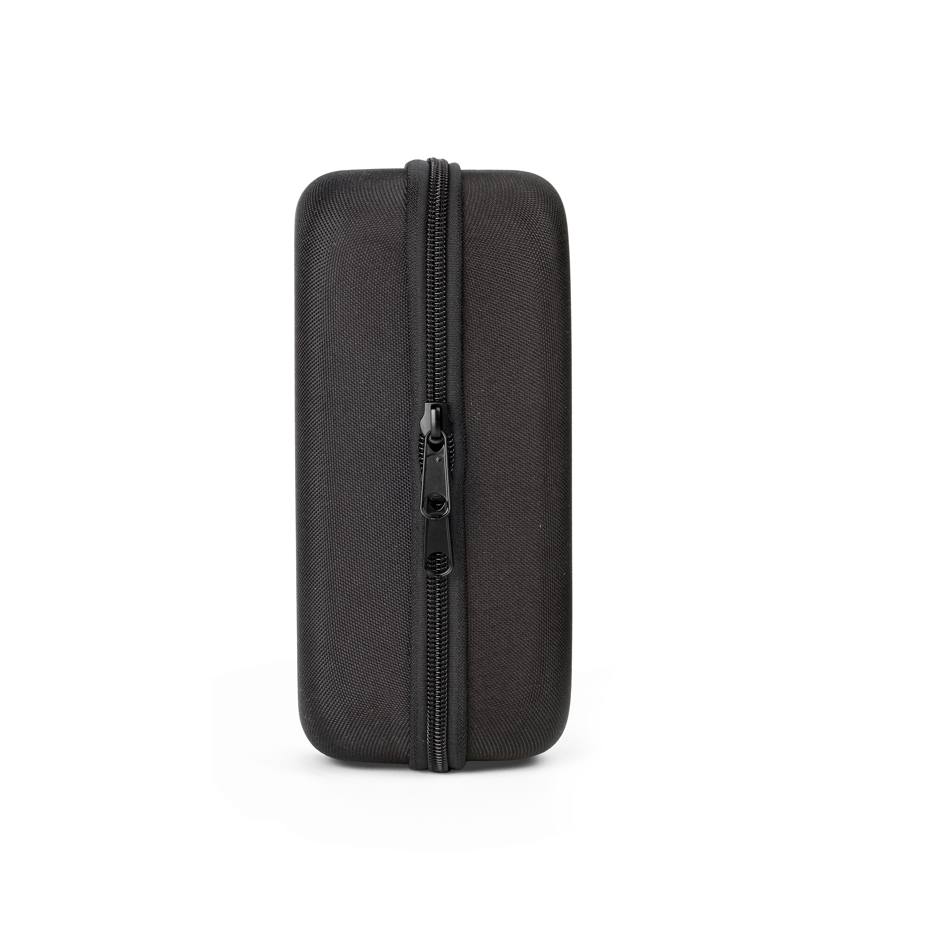 A black, rectangular hard case with a zipper.