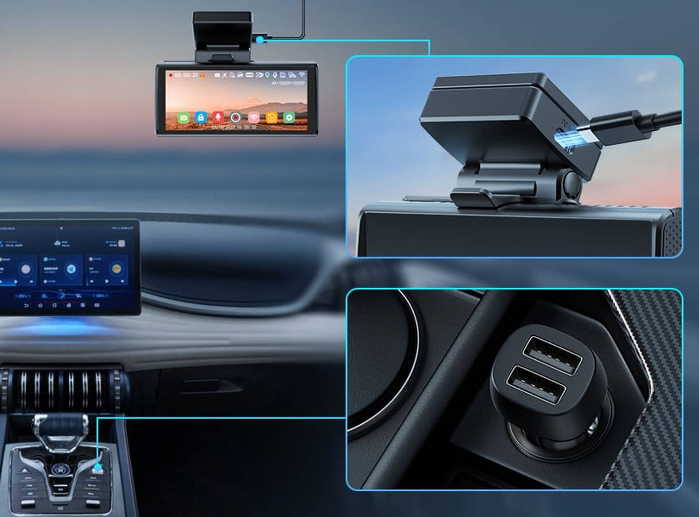 Auto-interieur met dashcam, touchscreen en USB-lader.