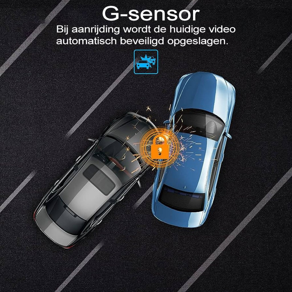 Twee auto's botsen, een slot-icoon slaat de opname op.
