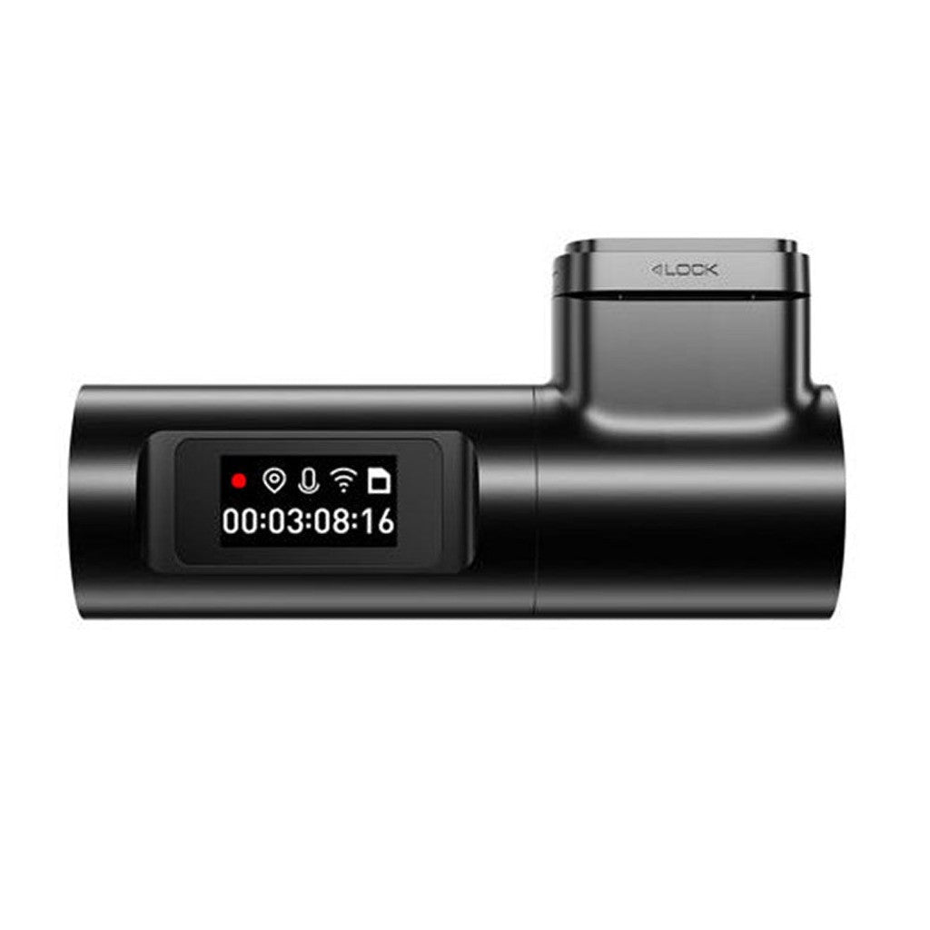 Zwarte cilindervormige dashcam met scherm en "LOCK"-tekst.