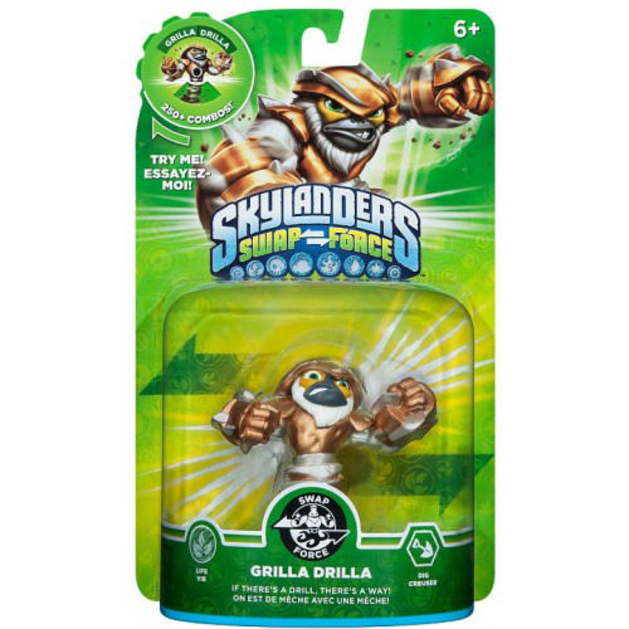 Verpackung für die Skylanders Figur Grilla Drilla mit goldener Rüstung.