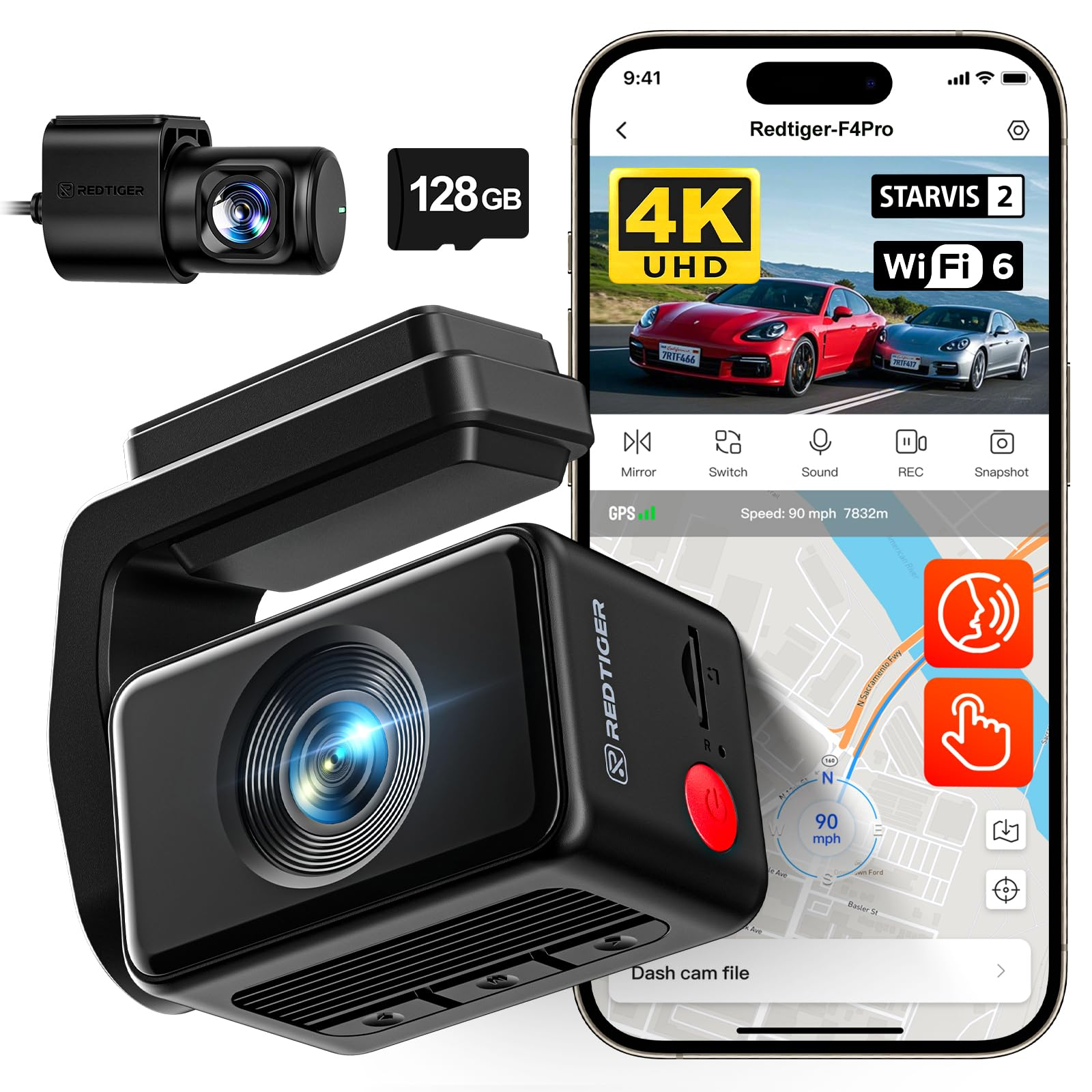 Een dashcam set met 128GB geheugenkaart en een smartphone app interface.