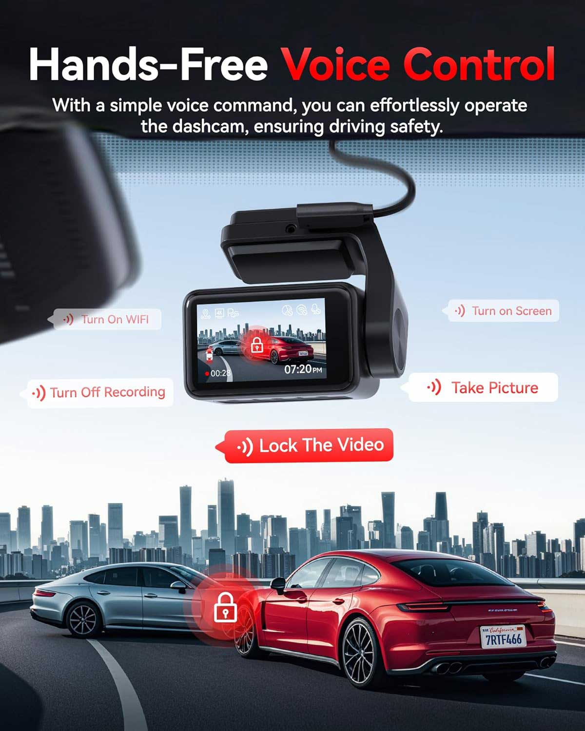 Dashcam met stembediening toont twee auto's op een weg.