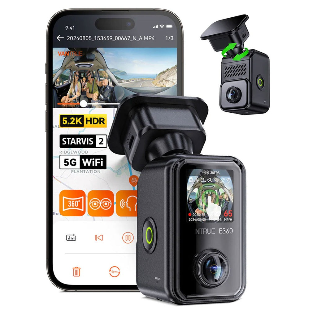 Een smartphone toont een dashcam-app; ernaast een dashcam met scherm.