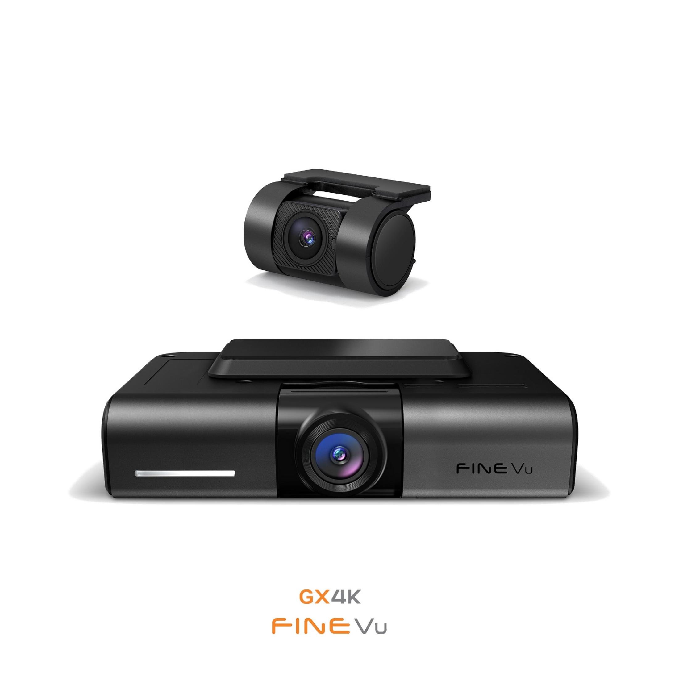 Twee zwarte dashcams, één boven, één onder. Tekst GX4K FINE Vu.