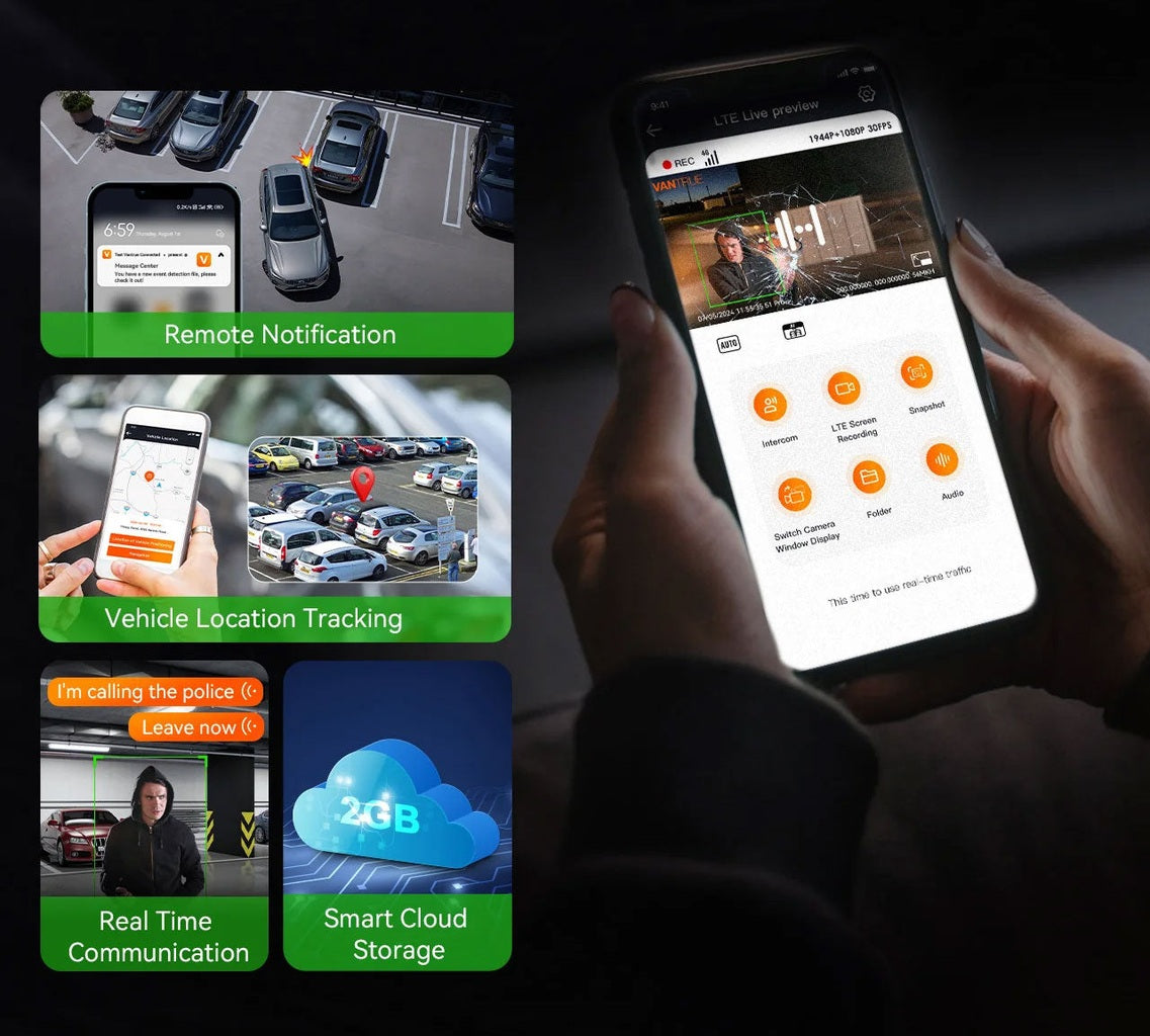 Een smartphone toont een app met melding op afstand, voertuigtracking, realtime communicatie en cloudopslag.